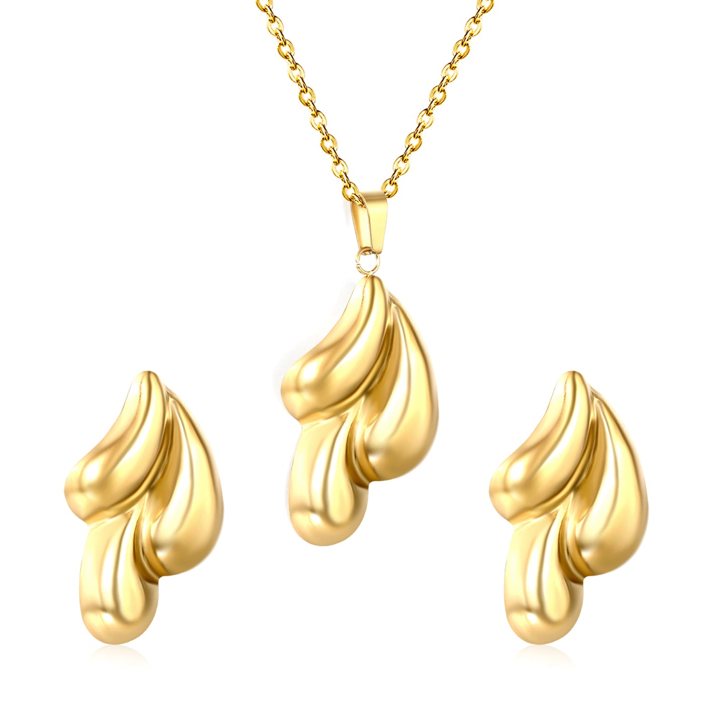 Wholesale Stainless Steel 3D Teardrop Jewelry Set - Gold Earrings (17.9x29.5mm) & Pendant (17.4x30.2mm) with 42+5cm Cross Chain