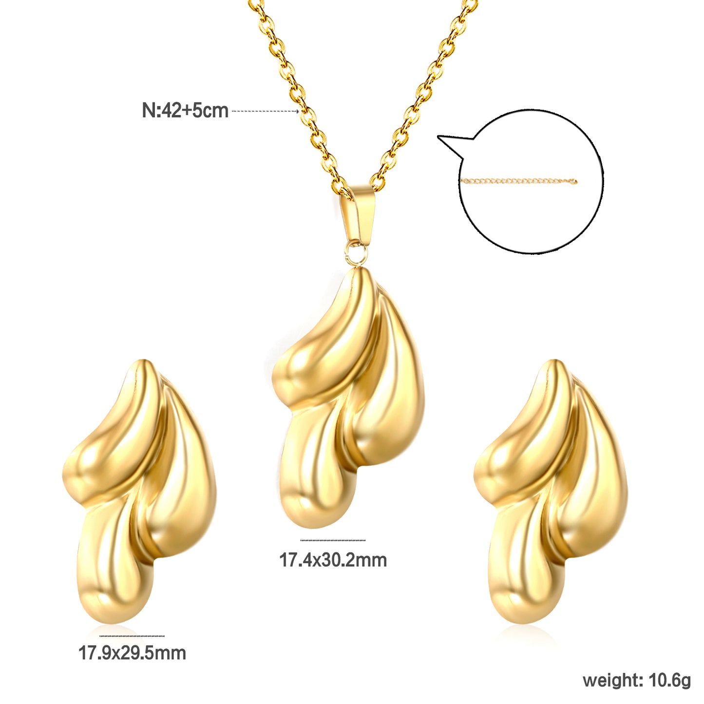 Wholesale Stainless Steel 3D Teardrop Jewelry Set - Gold Earrings (17.9x29.5mm) & Pendant (17.4x30.2mm) with 42+5cm Cross Chain