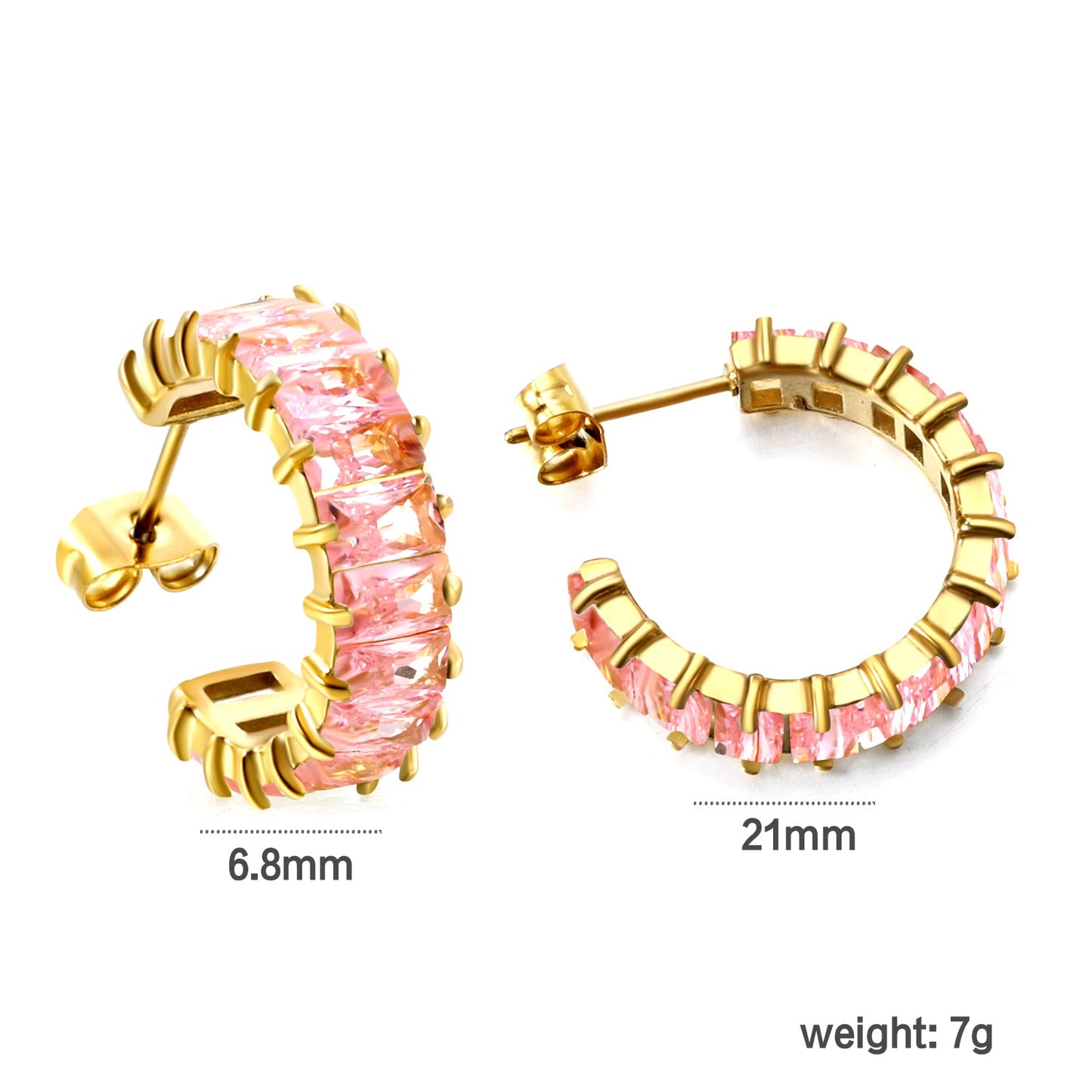 C-Shape with Two Grips Rectangle White/Purple/Green/Orange/Mixed/Pink Zirconium Earrings 6.8*21mm Steel Color/Golden Color