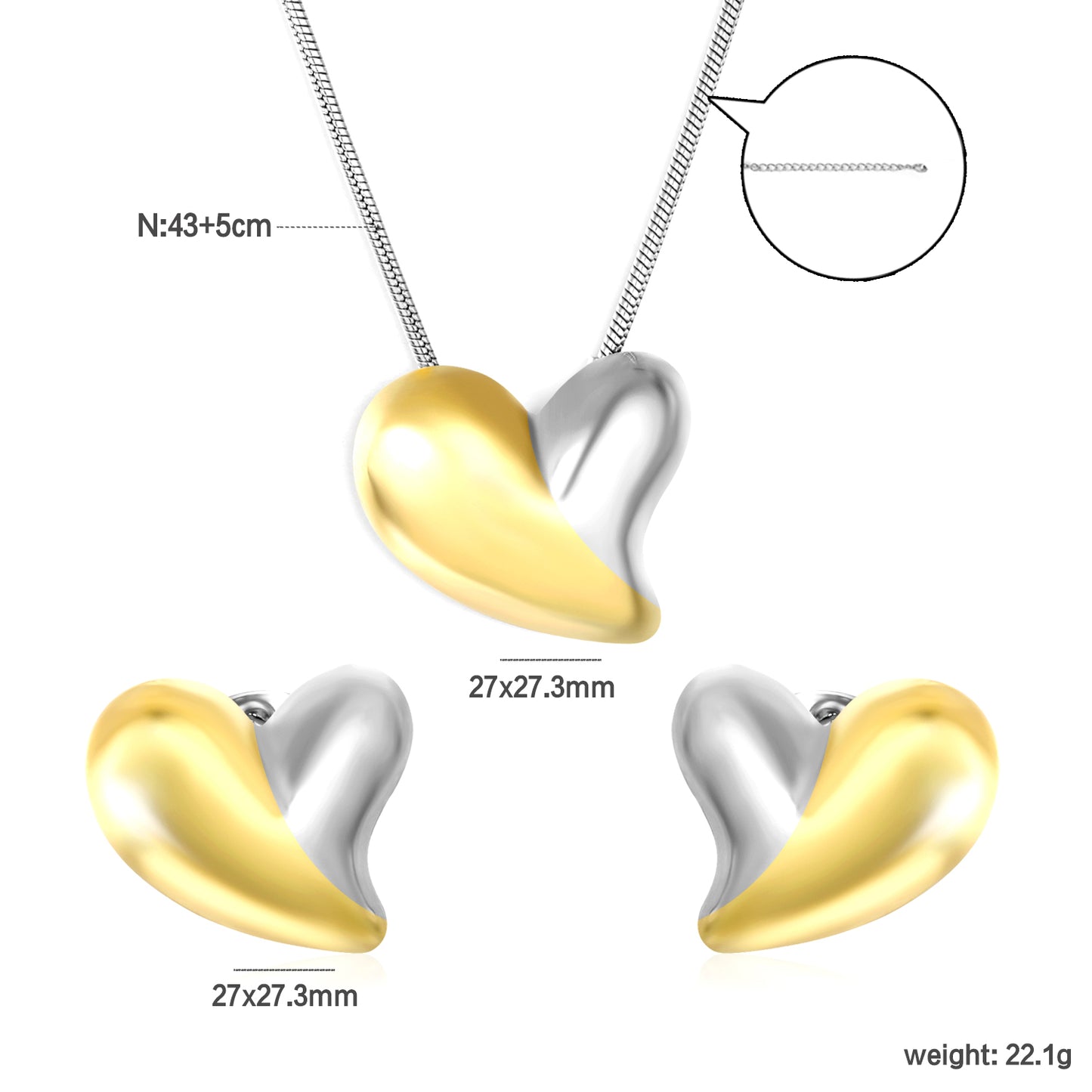 ✨ Jumbo Heart Jewelry Set (27x27.3mm) Wholesale Stainless Steel Earrings + Pendant | Heavy 1.6mm Chain 43+5cm | 3 Color Options
