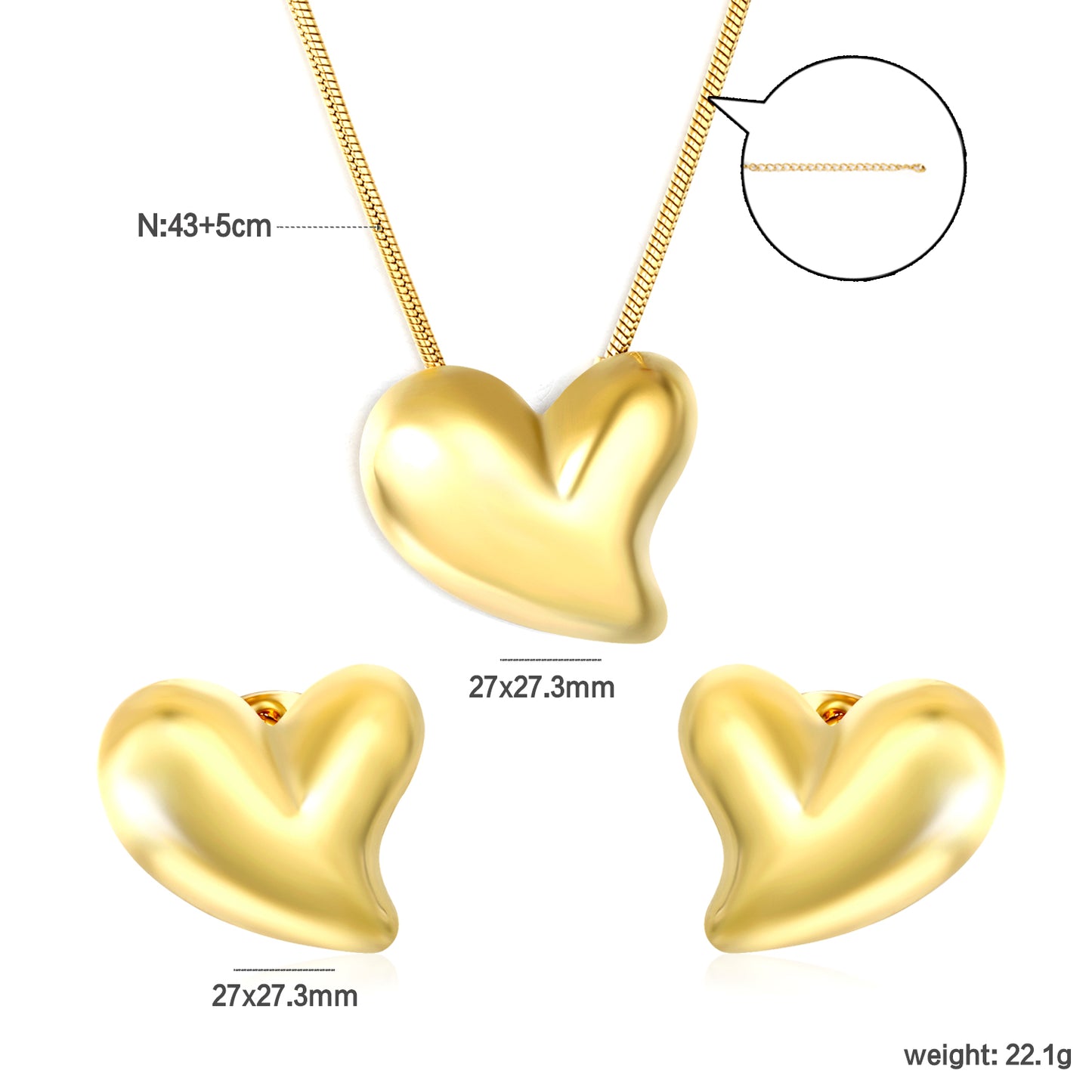 ✨ Jumbo Heart Jewelry Set (27x27.3mm) Wholesale Stainless Steel Earrings + Pendant | Heavy 1.6mm Chain 43+5cm | 3 Color Options