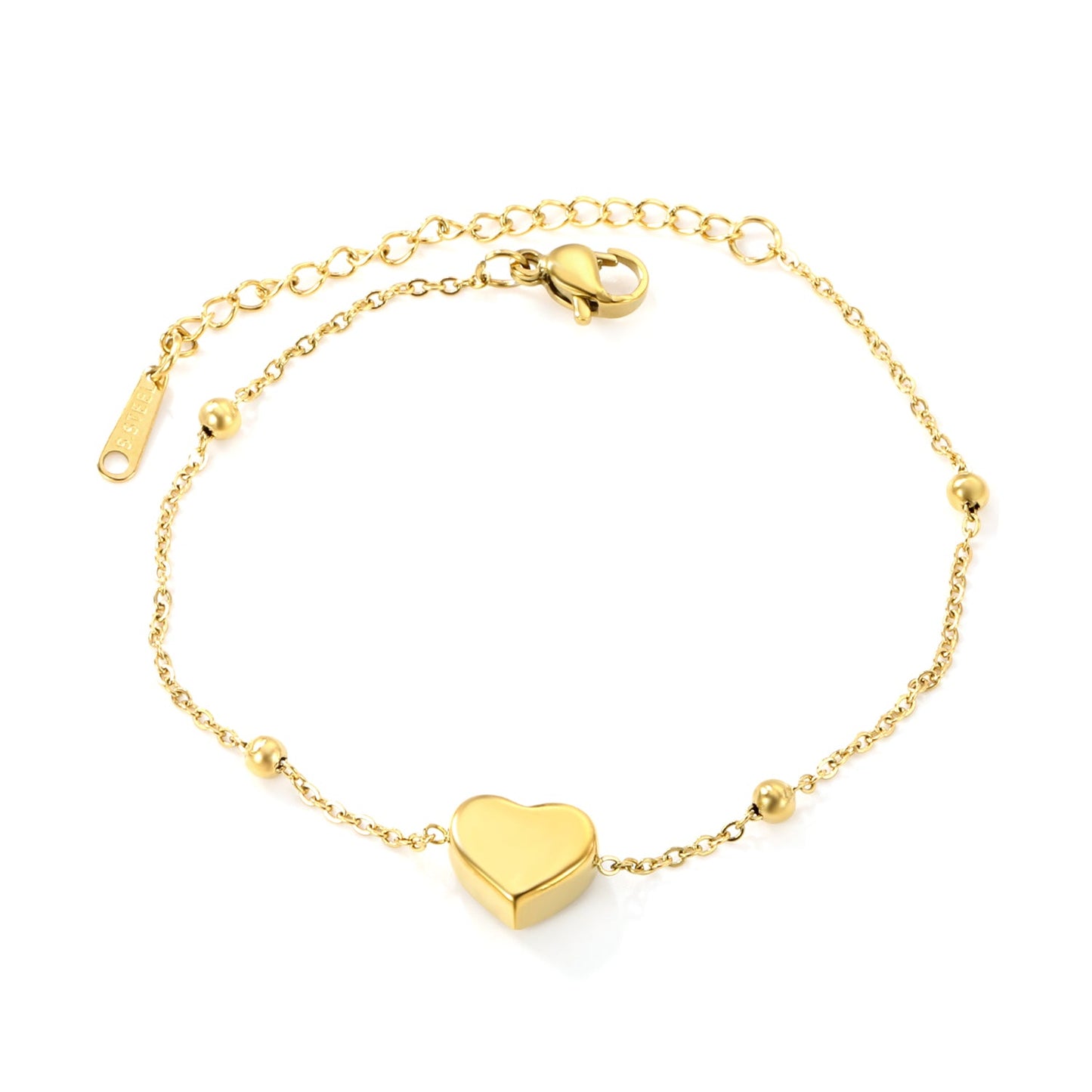 10.5*9*5.4mm three-dimensional heart + 3mm*4 steel beads bracelet 17+5cm