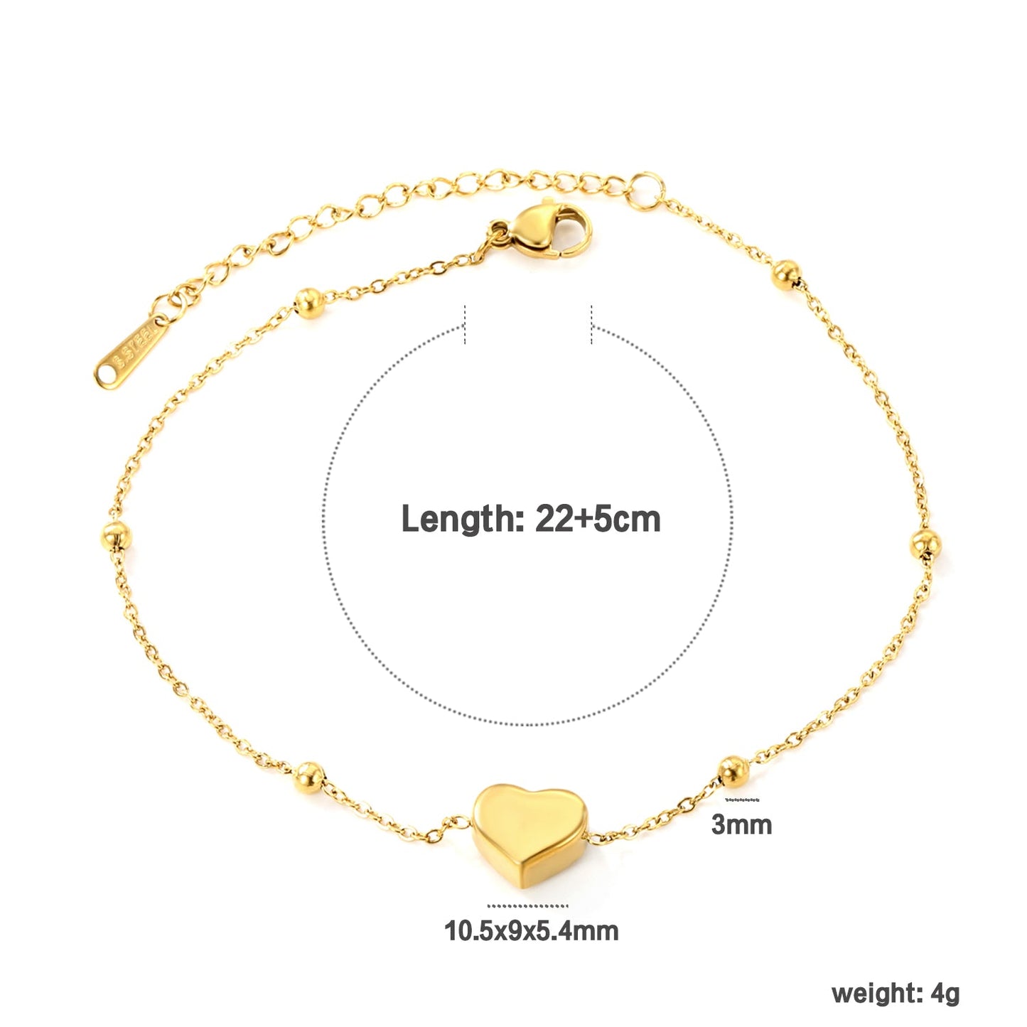 3mm*6 steel beads+10.5*9*5.4mm*1 three-dimensional heart anklet 1.3mm*22+5cm