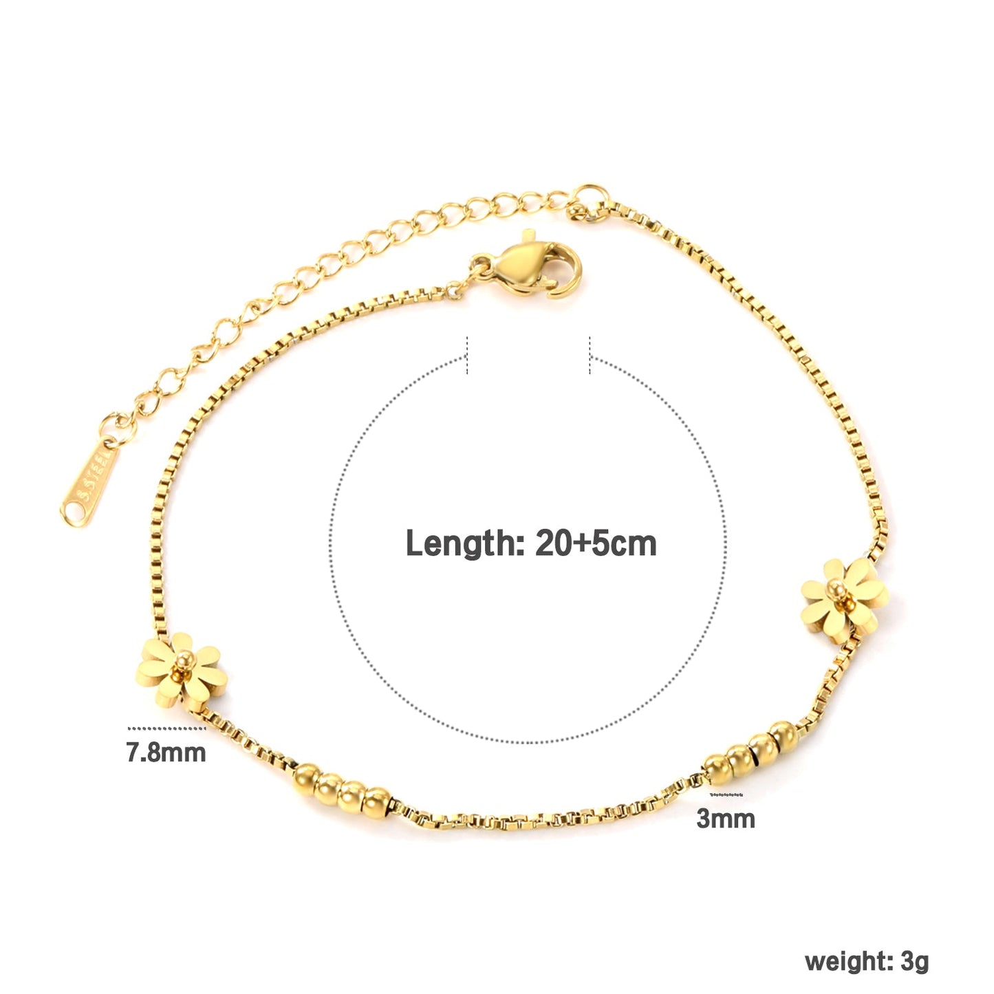 3mm*8 steel beads+7.8mm*2 seven petal flowers anklet 1.2mm*20+5cm