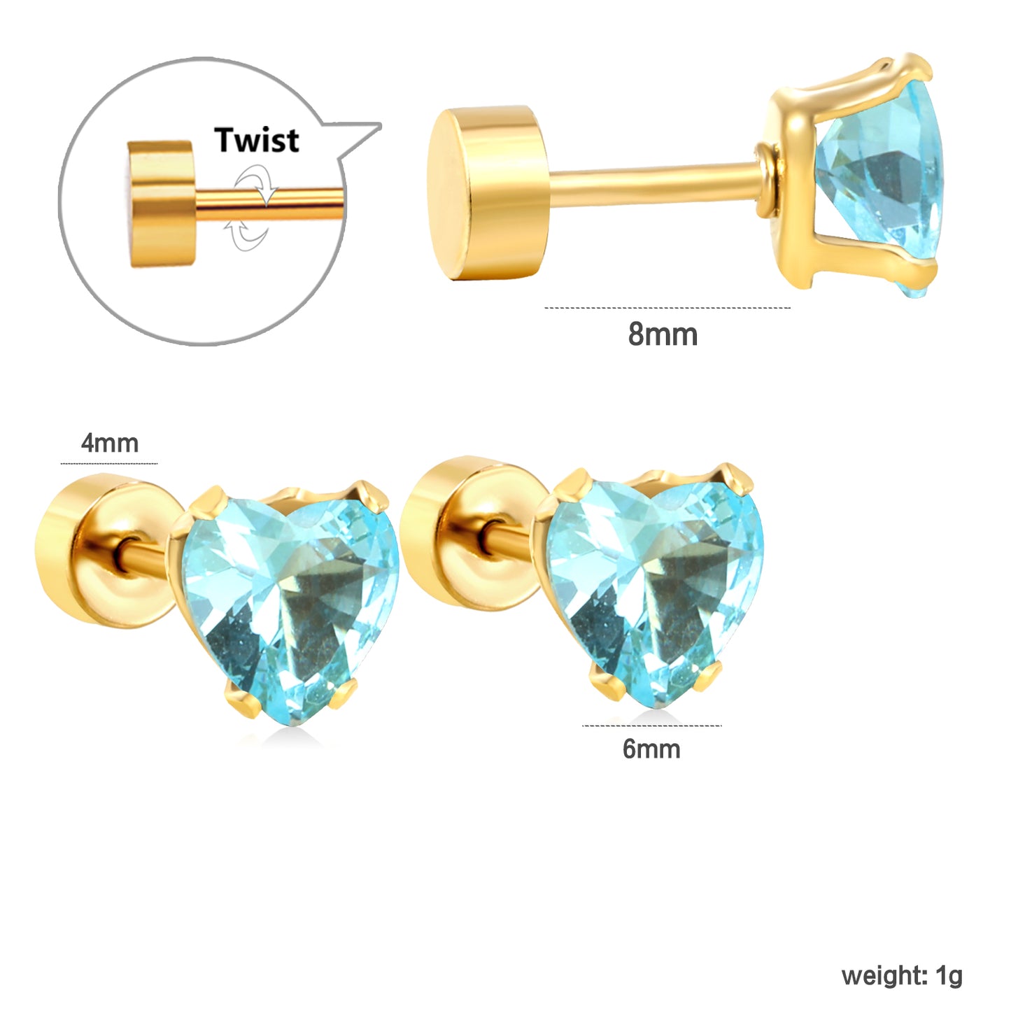 ✨ 6mm Heart Twist Plugs Wholesale Gold Spiral Ear Gauges with Black/Blue Diamonds | Hypoallergenic Body Jewelry Bulk
