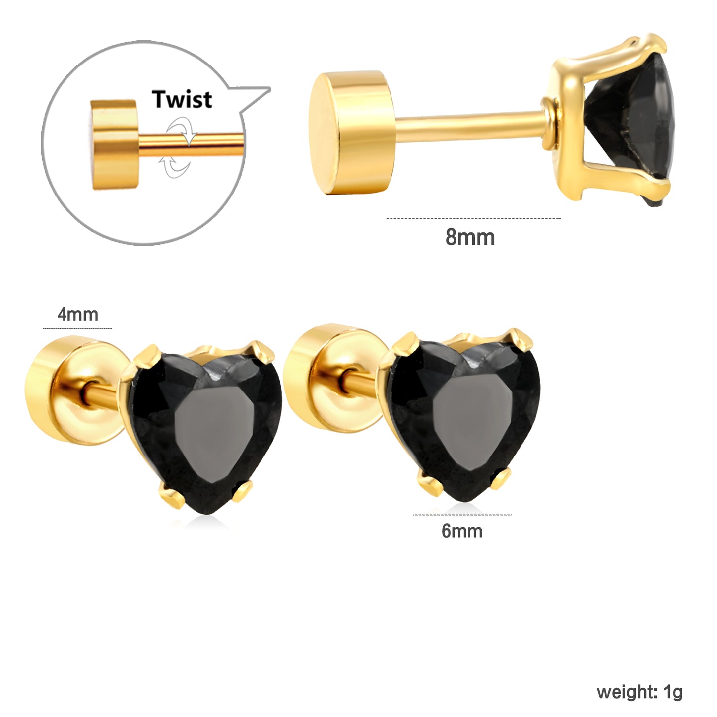 ✨ 6mm Heart Twist Plugs Wholesale Gold Spiral Ear Gauges with Black/Blue Diamonds | Hypoallergenic Body Jewelry Bulk