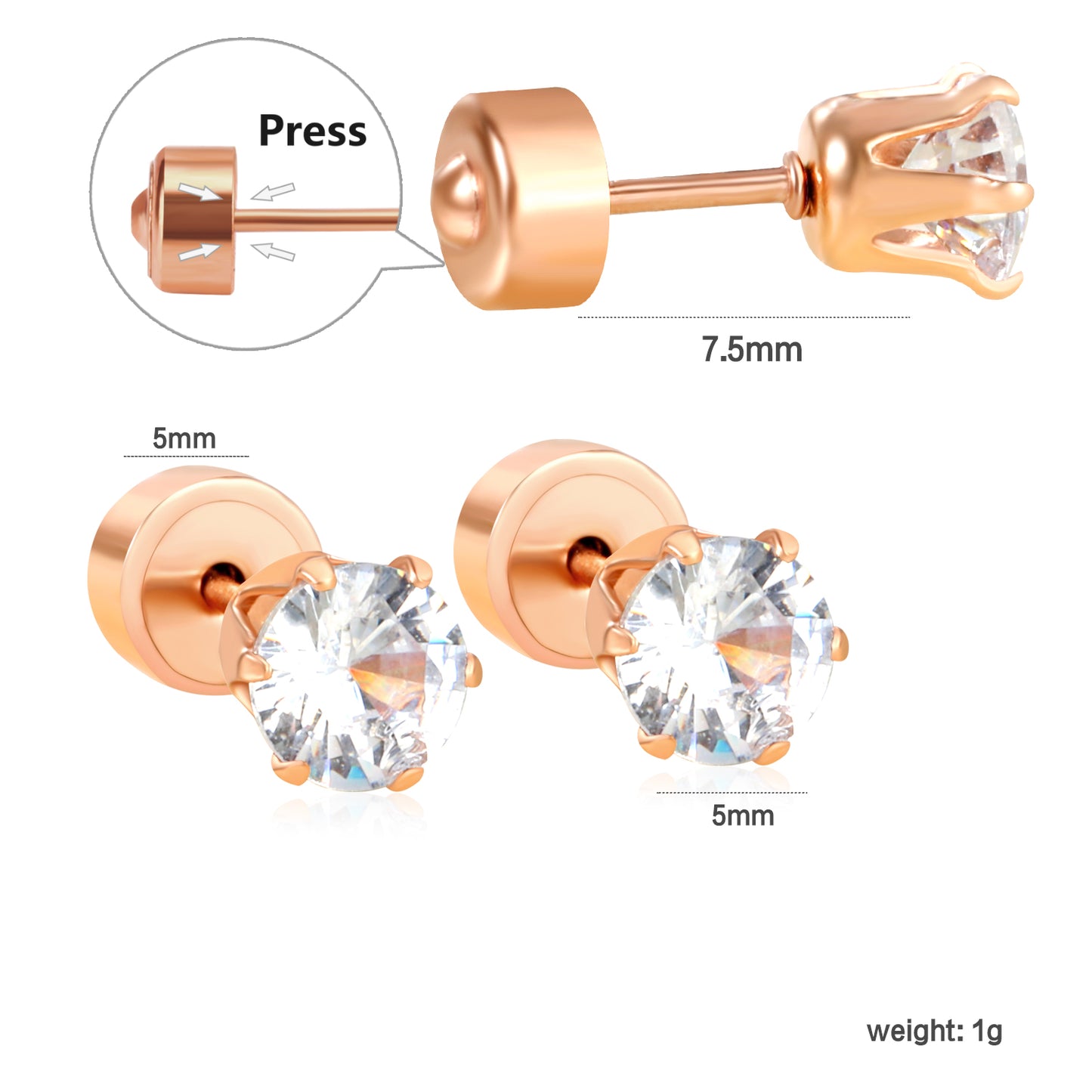 ✨ Wholesale 5mm Rose Gold Press Studs Snap-On Earring Posts | 1g Secure Stainless Steel Backings (100-Pack Bulk)