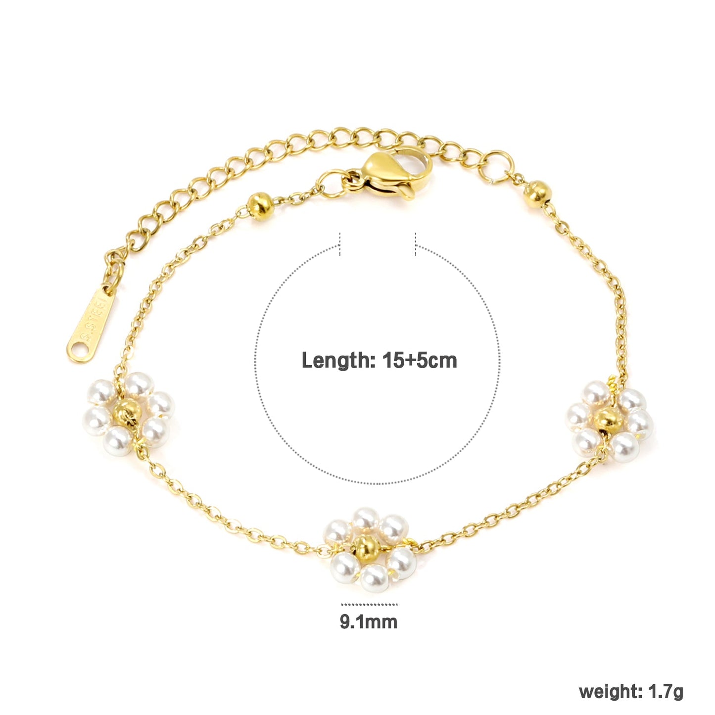 3mm*5 Steel Beads+3 White Pearls Flower Bracelet 15+5cm