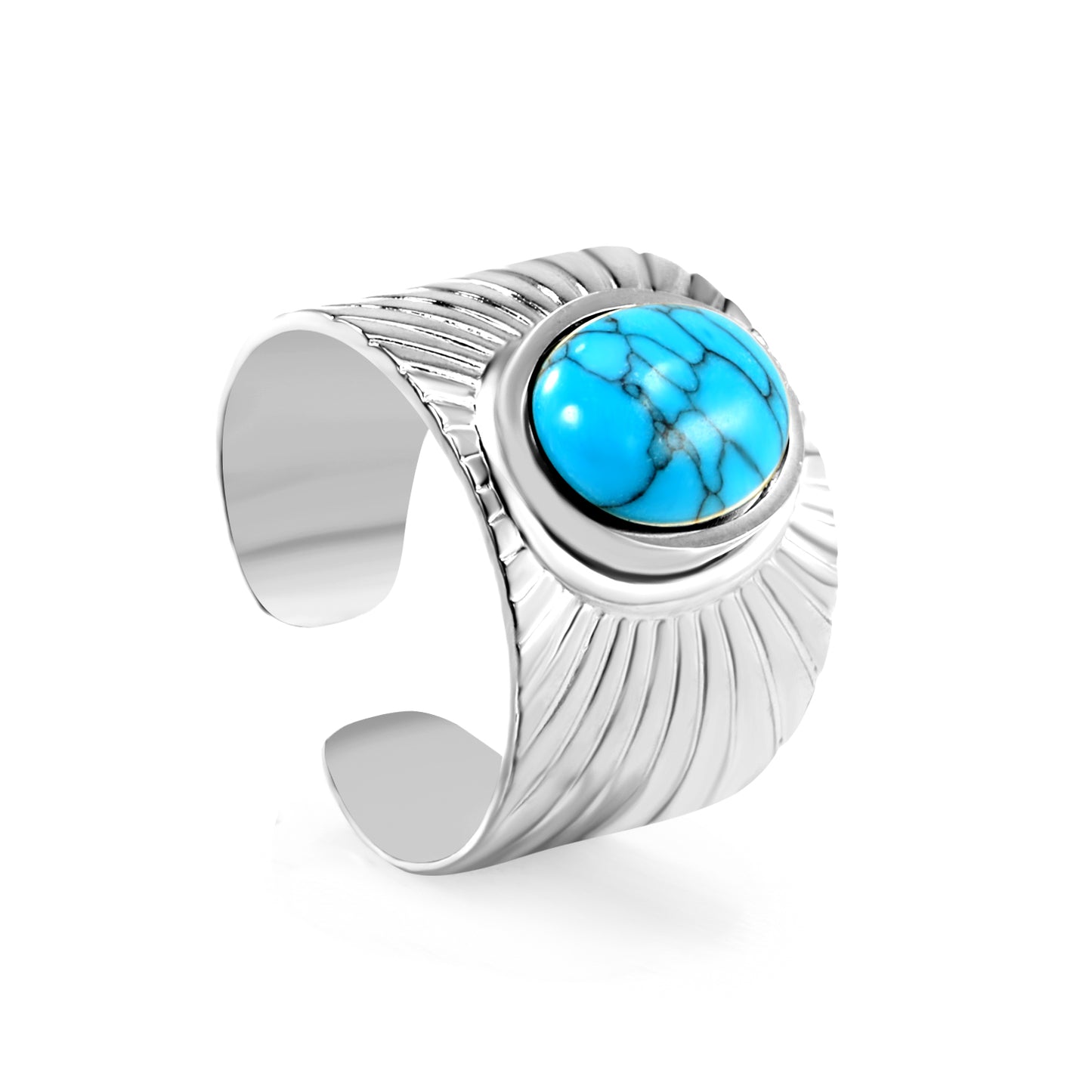 Stainless Steel Blue Turquoise Open Rings in Steel Color - 14.2mm Height, Wholesale Offer