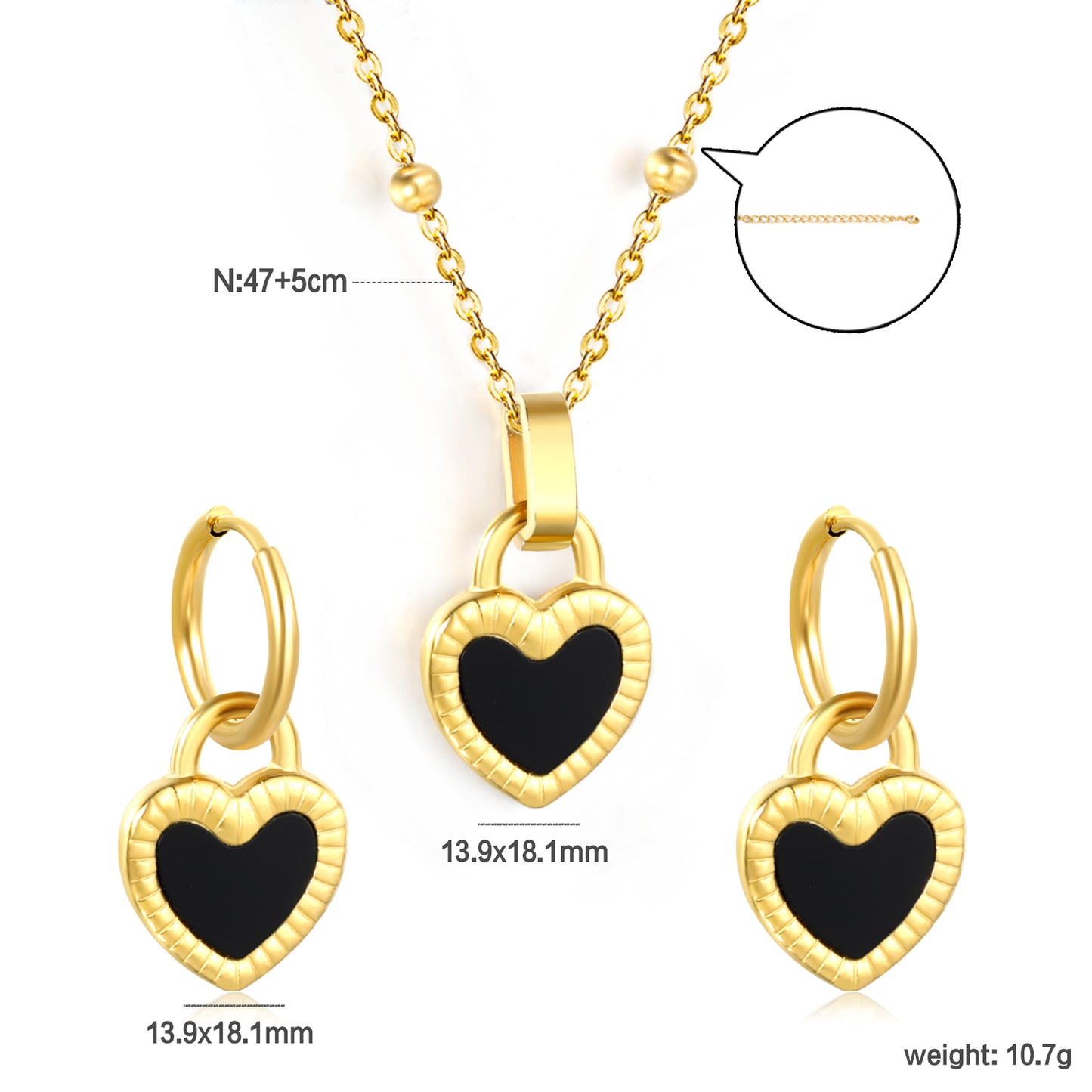 ✨ Wholesale Black Shell Heart Earrings & Pendant Set 13.9x18.1mm | 47+5cm Chain | Stainless Steel Jewelry Bulk Order