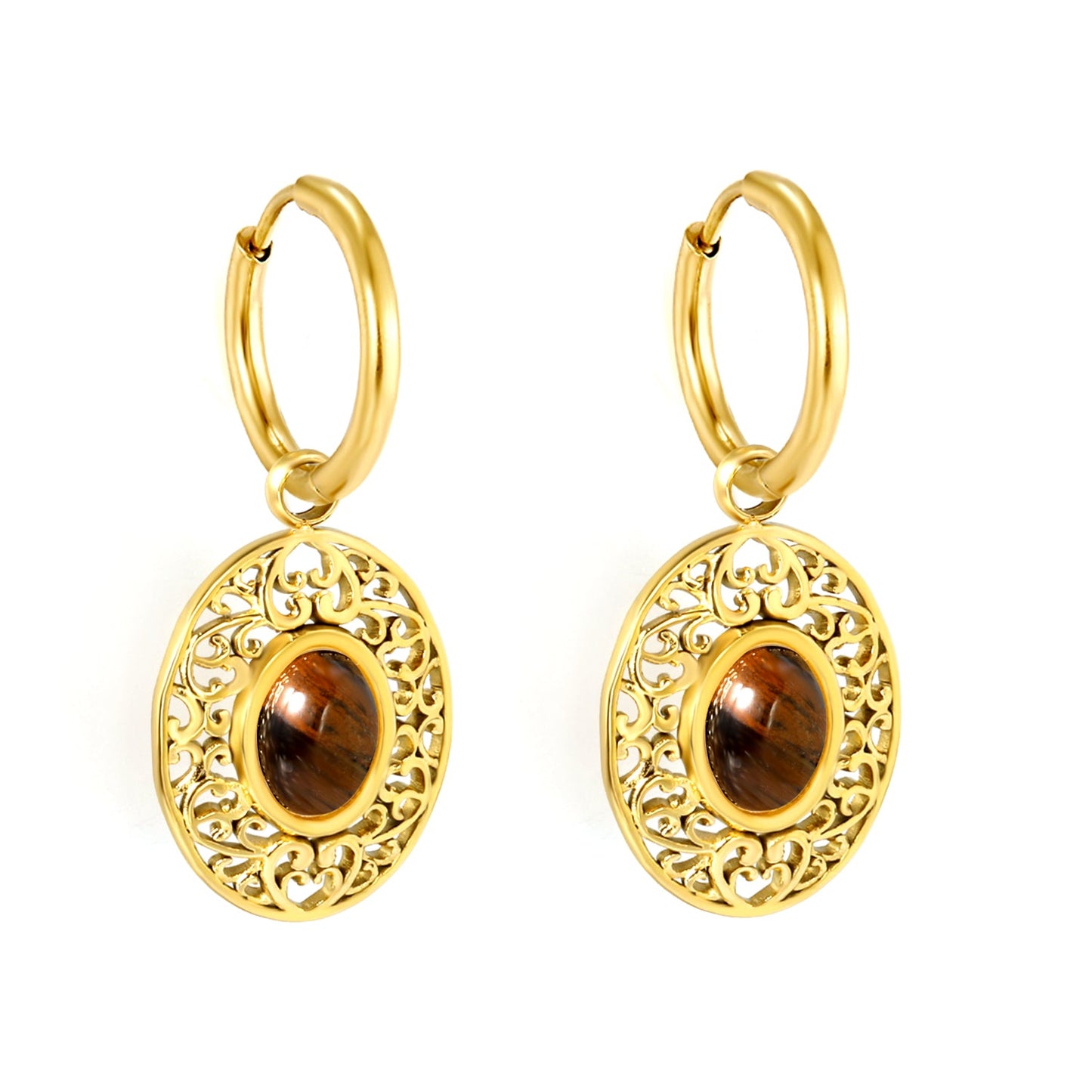 2*12mm I.D. earrings + 15.3*18.7mm oval pattern face band imitation white pearl/pinkstone/tiger's eye stone accessories Earrings Gold color