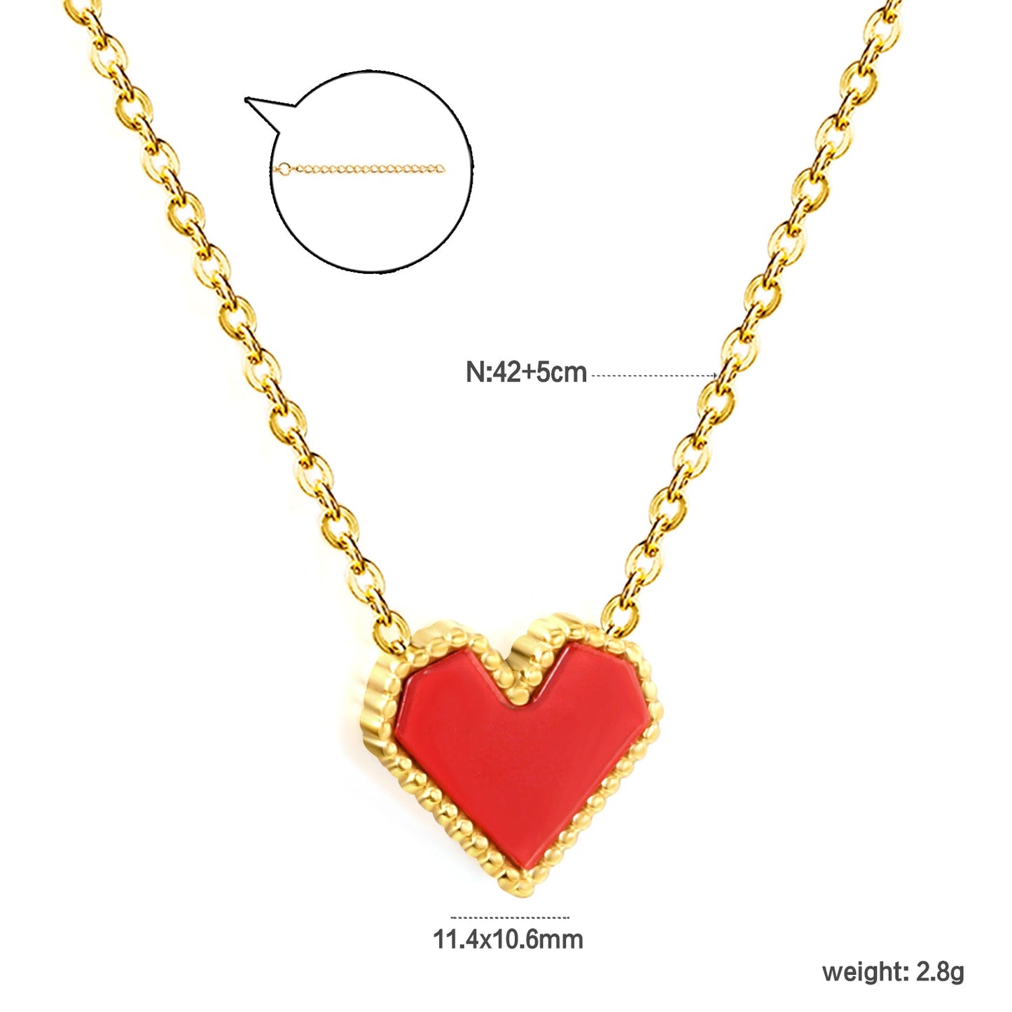 11.4*10.6mm Heart Shape Sticky White/Black/Red Acrylic Pendant 42+5cm+6mm Round Plaque Necklace Golden