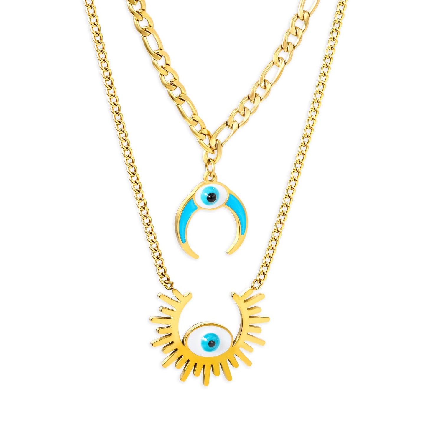 26.5mm Open Sun with White Eyes Accessory + 16mm Inverted C with Blue Drip Oil + White Eyes Accessory Double Chain Necklace 45+40+5cm