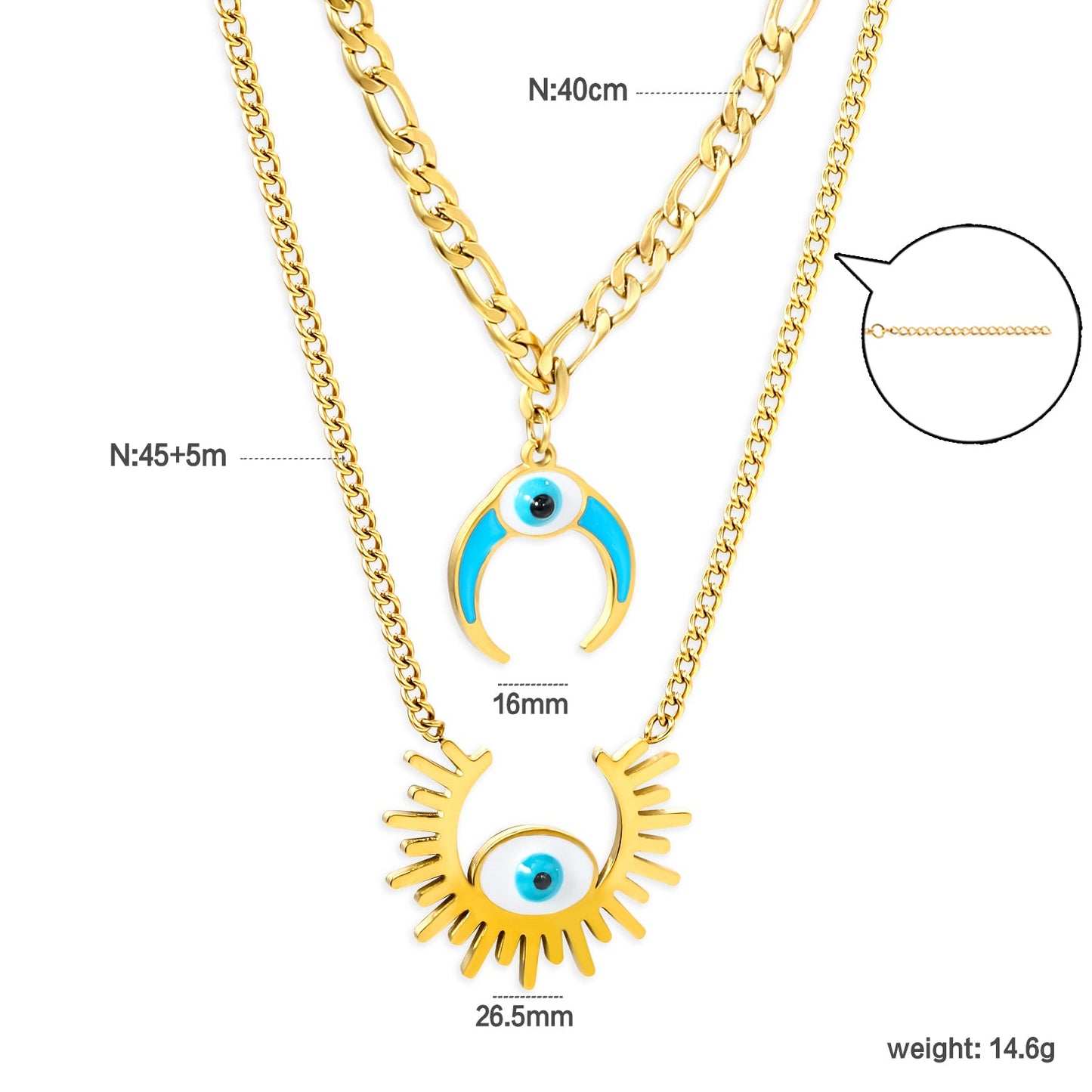 26.5mm Open Sun with White Eyes Accessory + 16mm Inverted C with Blue Drip Oil + White Eyes Accessory Double Chain Necklace 45+40+5cm