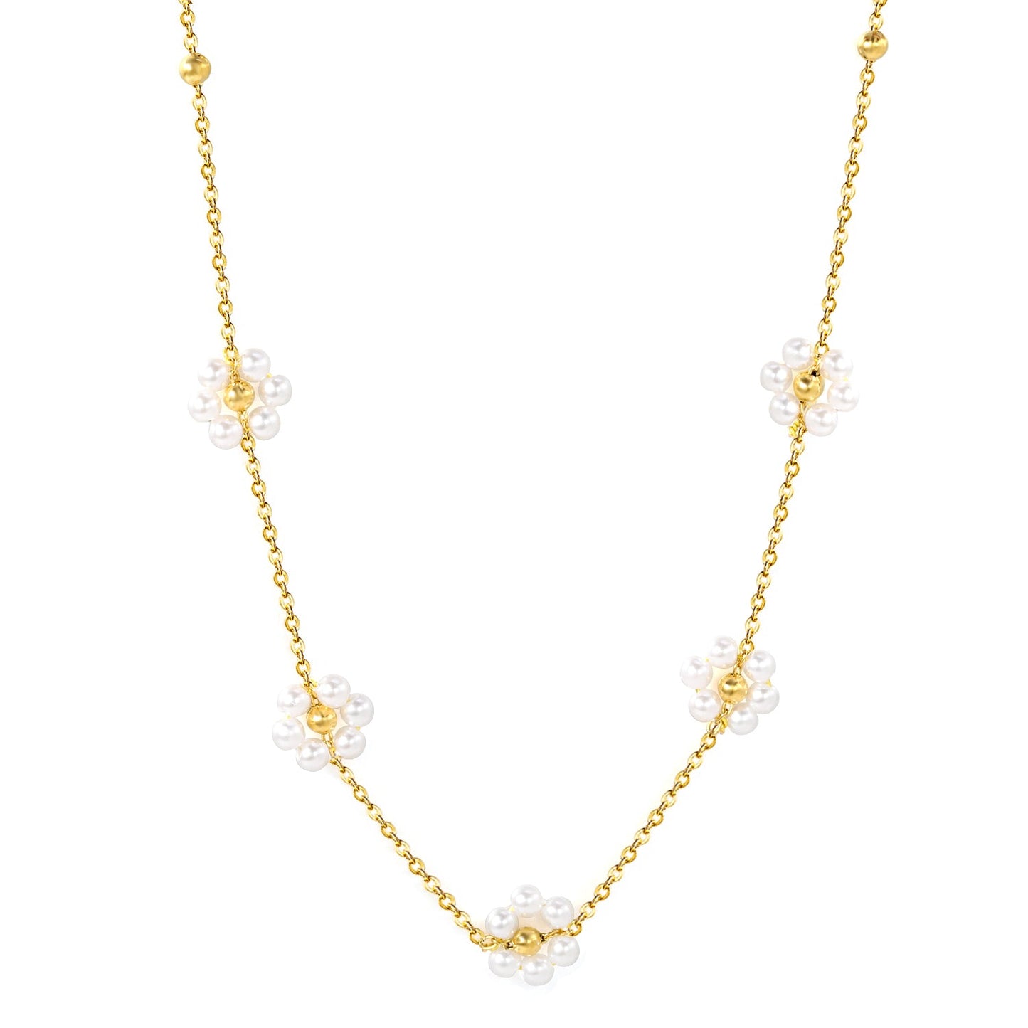 Wholesale 3mm*11 steel beads+5 flowers with white pearl pendant necklace 40+5cm