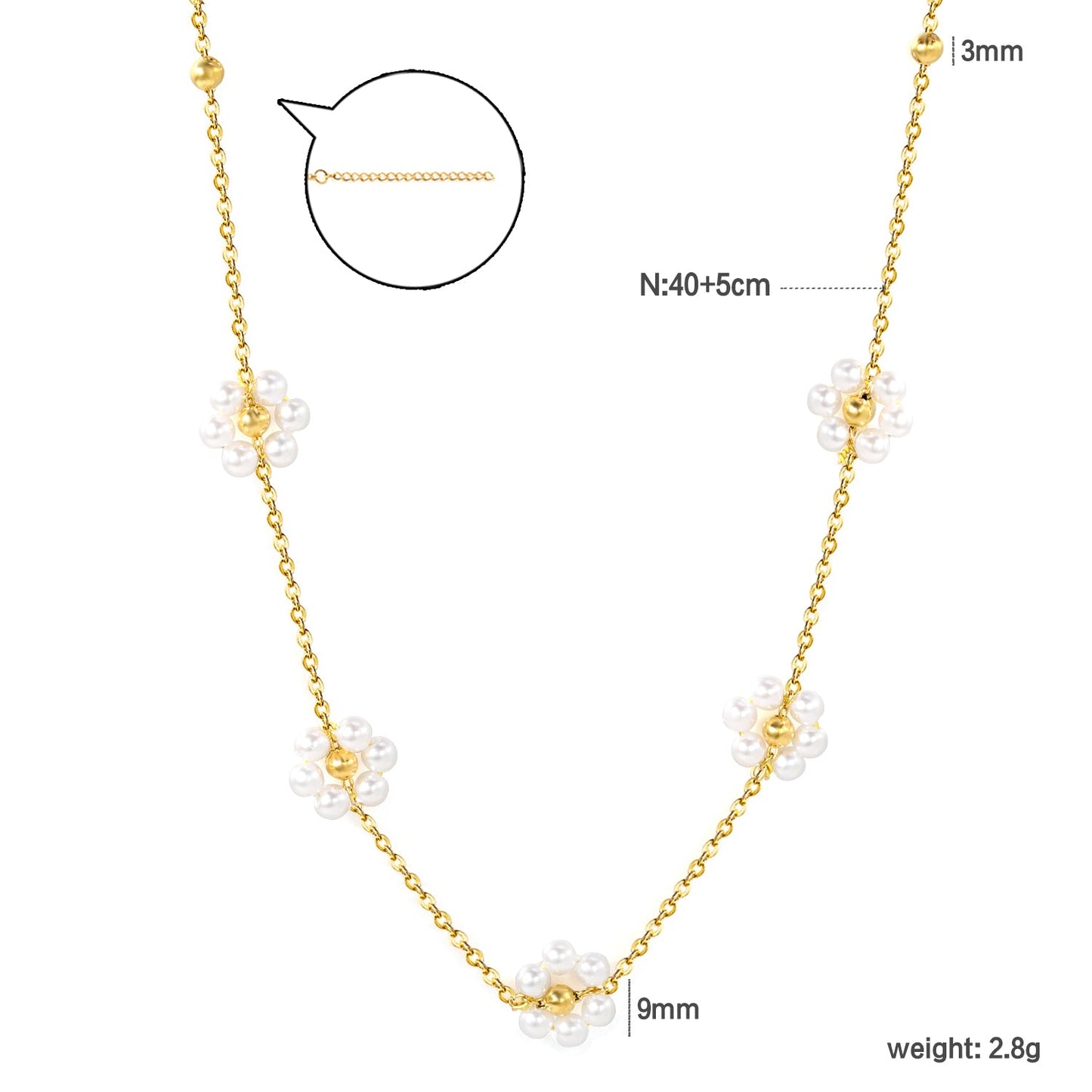 Wholesale 3mm*11 steel beads+5 flowers with white pearl pendant necklace 40+5cm