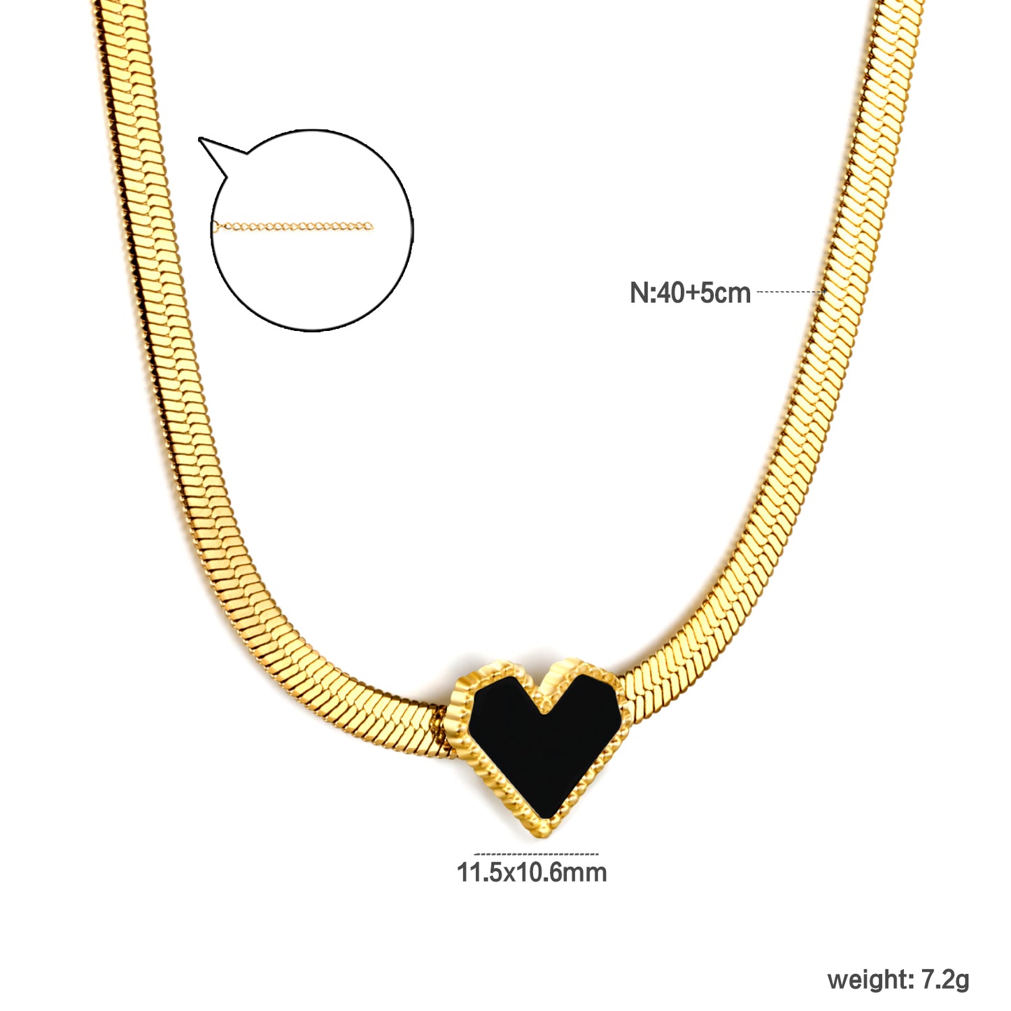 ✨ Wholesale Gold Necklace Set - 5.9mm White Zircon & 11.5x10.6mm Black Heart Pendants | 3.2mm/3.3mm Blade Chains 40+5cm