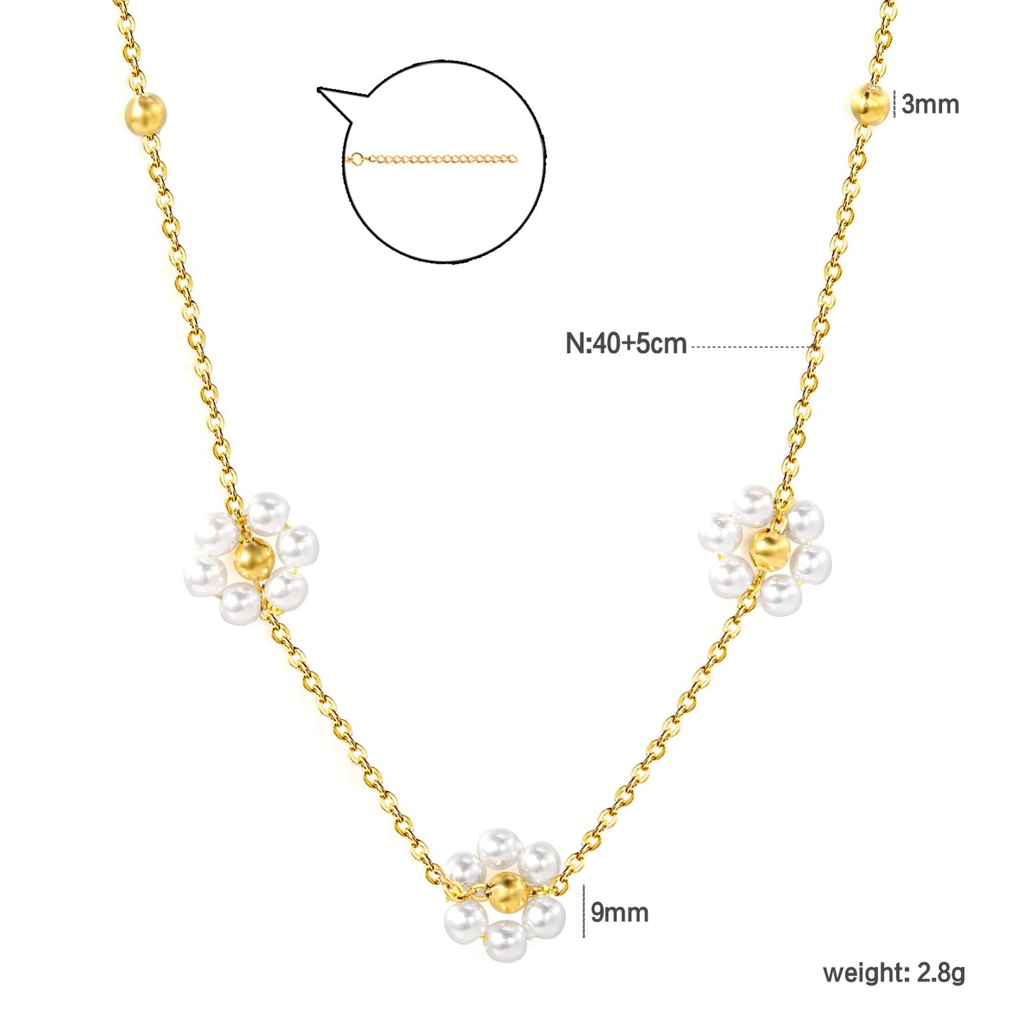3mm*12 steel beads+3 flowers with white pearl pendant necklace 1.4mm*40+5cm