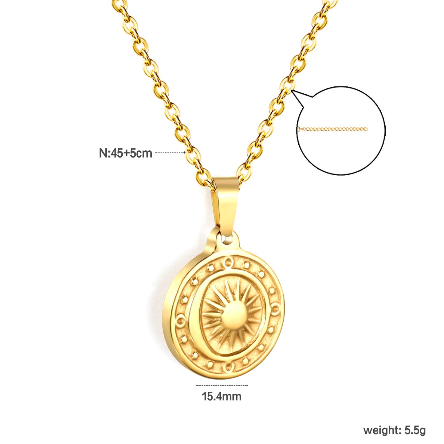 ⨠Wholesale Sun Moon Star Compass Pendant Necklace - 15.4mm Stainless Steel w/ 45+5cm Chain (5.5g)