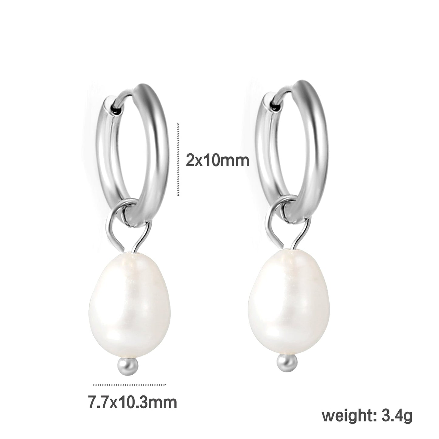 2*10mm inner diameter earrings + 7.7*10.3mm freshwater pearl earrings steel/golden color