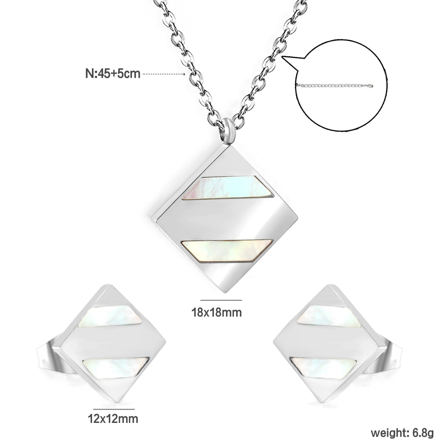 Square diamond-shaped sticky white shell set steel color/golden Earrings:12*12mm Pendant:18*18mm 04 cross 45+5cm+6mm round pla...