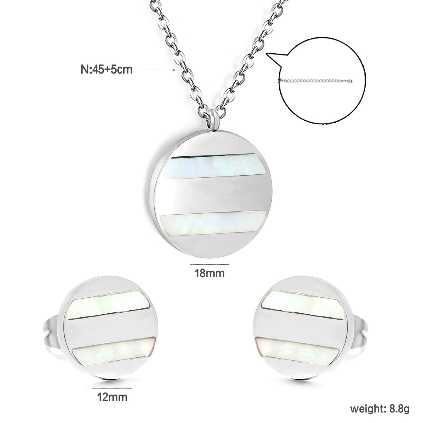 Round Sticky White Shell Set Steel/Gold Earrings:12mm Pendant:18mm 04Cross45+5cm+6mm Round Plate