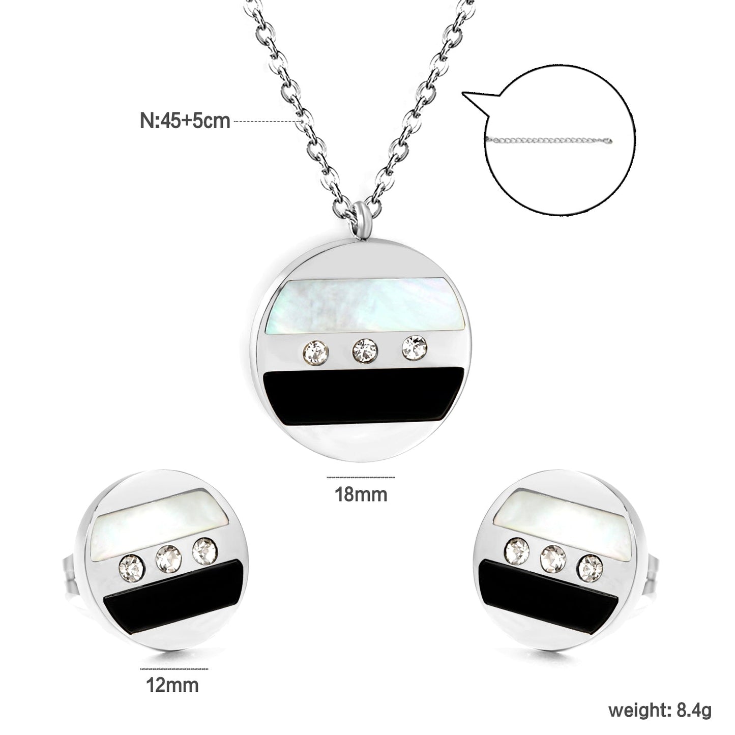 Round Sticky Black and White Shells + White Diamonds Set Steel Color / Gold Earrings: 12mm Pendant: 18mm 04 Cross 45+5cm+6mm Round Plaque