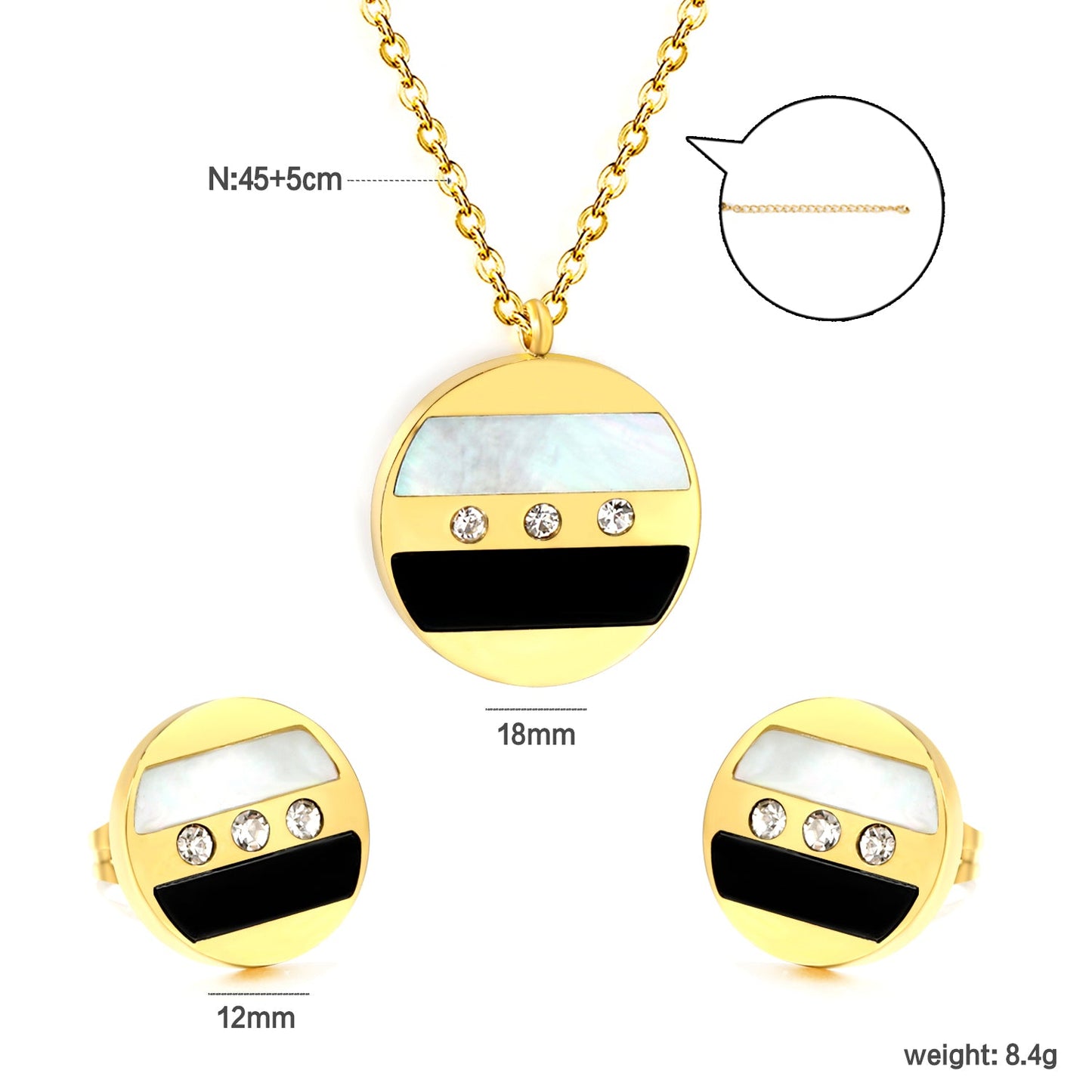 Round Sticky Black and White Shells + White Diamonds Set Steel Color / Gold Earrings: 12mm Pendant: 18mm 04 Cross 45+5cm+6mm Round Plaque