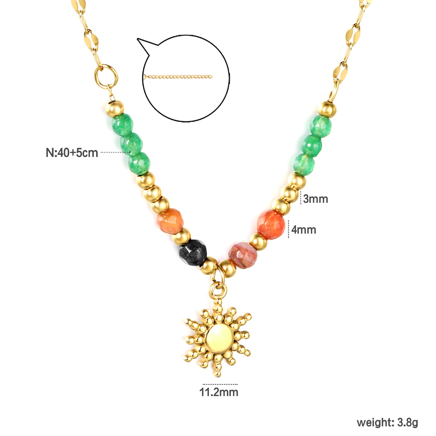 ✨ Boho Beaded Necklace Wholesale 11.2mm Sun Charm + 3mm Spacers | Adjustable 40+5cm Chain | Natural Stone Jewelry