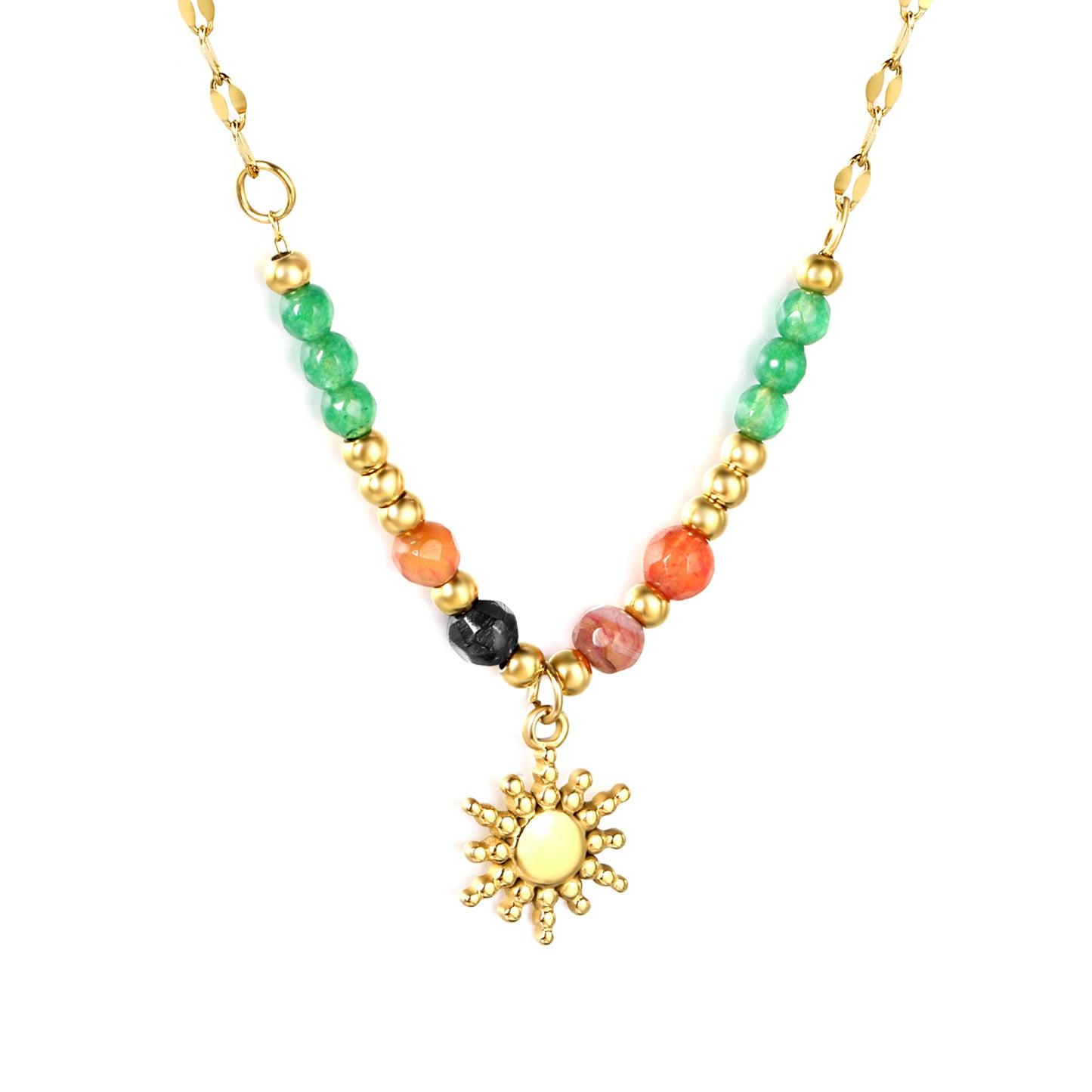 ✨ Boho Beaded Necklace Wholesale 11.2mm Sun Charm + 3mm Spacers | Adjustable 40+5cm Chain | Natural Stone Jewelry