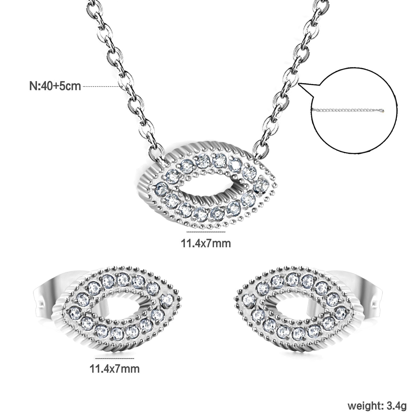 Eye CNC white zirconium accessories Set Steel color / gold 0.3 cross 40+5+6mm round plate Pendant: 11.4*7mm Earring: 11.4*7mm