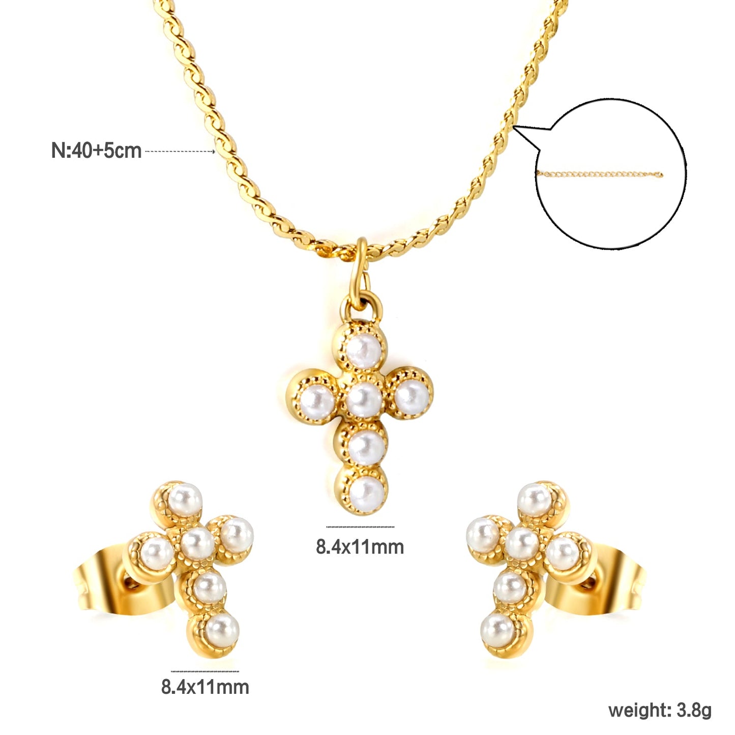 Cross stick imitation white pearl accessories set Gold color Width 1mm S chain 40+5+6mm round plate Pendant: 8.4*11mm Earrings: 8.4*11mm