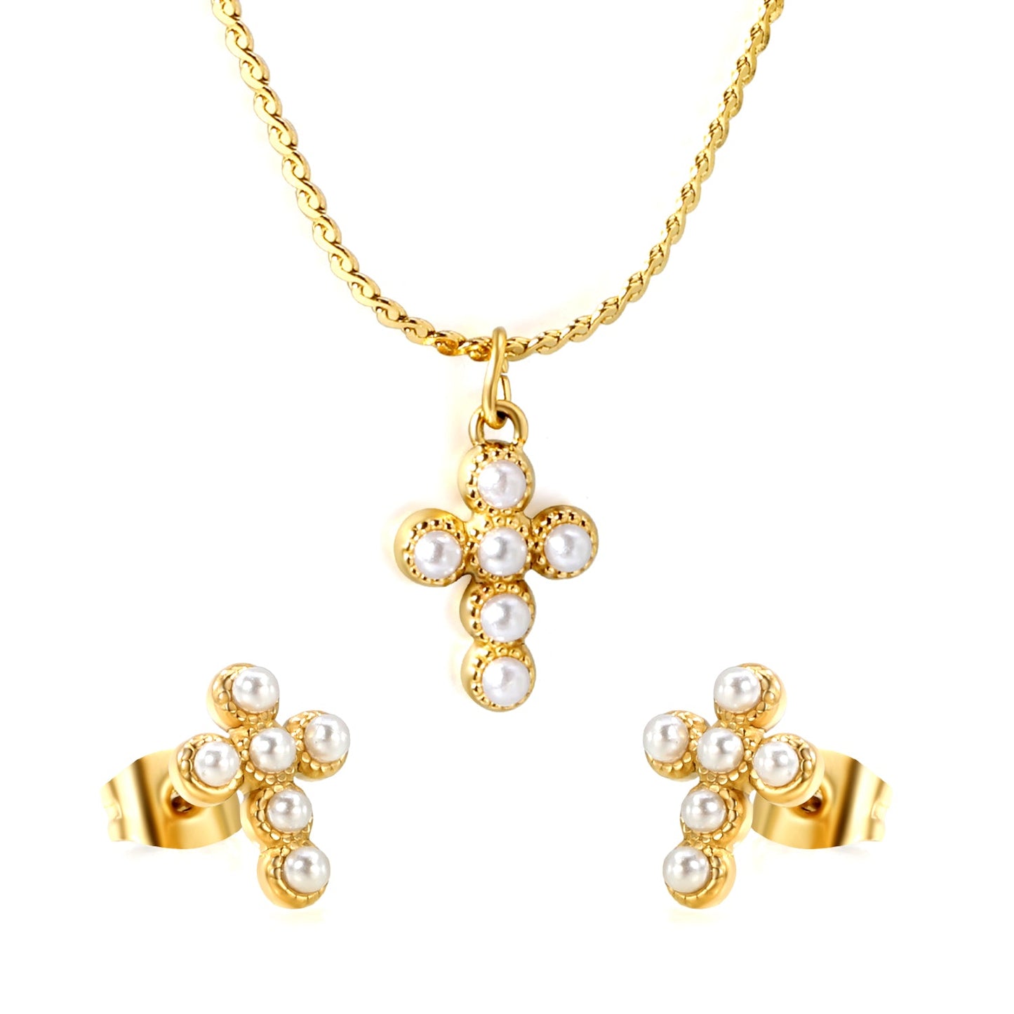 Cross stick imitation white pearl accessories set Gold color Width 1mm S chain 40+5+6mm round plate Pendant: 8.4*11mm Earrings: 8.4*11mm