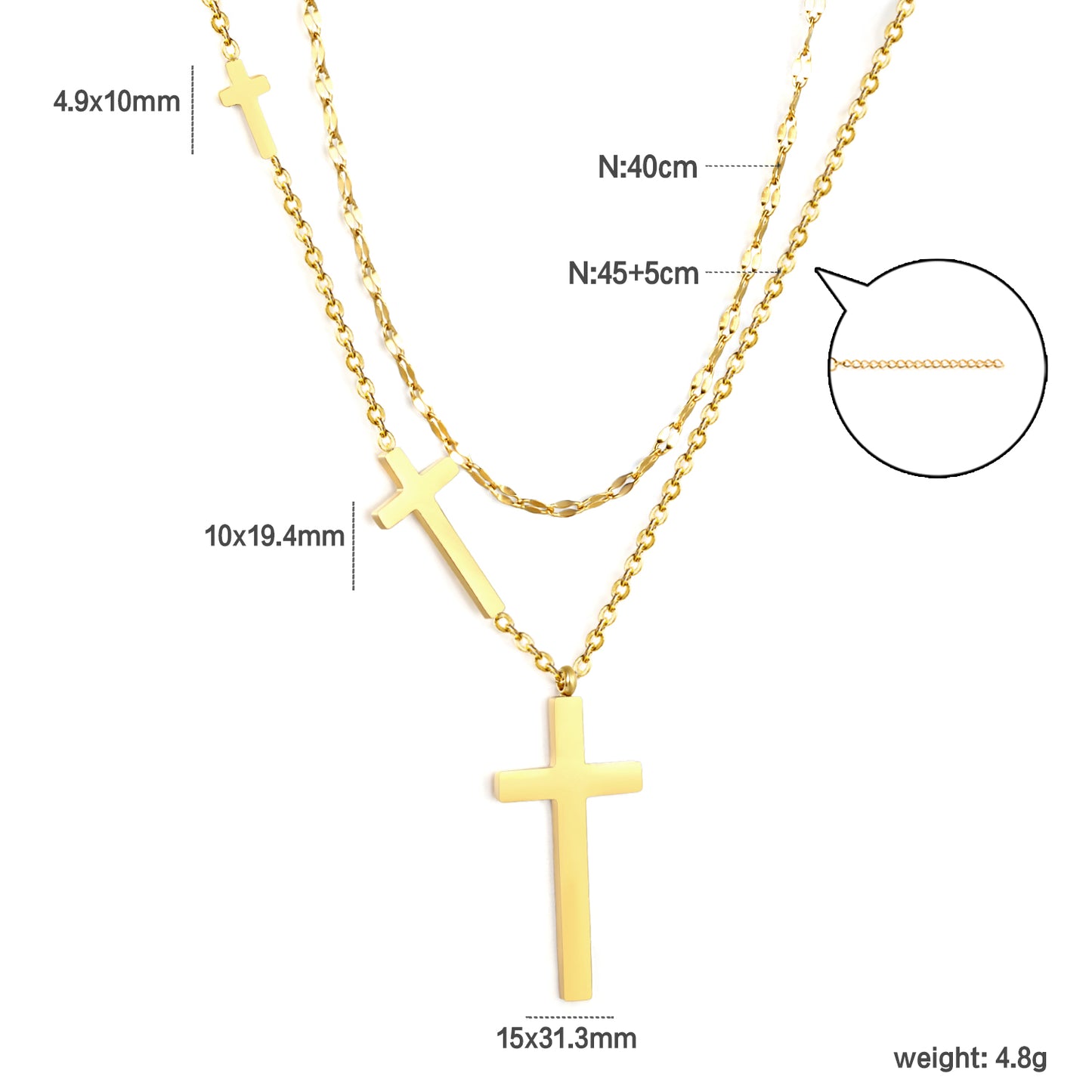 ✨Wholesale Gold Cross Necklace Set 3-Piece Layered (5-31.3mm) + 18.8mm Crucifix | 40+5cm & 45+5cm Chains | Stainless Steel Bulk