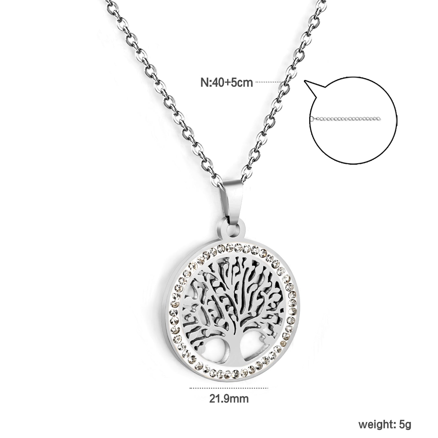 ✨ Wholesale Tree of Life Pendant Necklace - 21.9mm Hollow Circle w/ White Zircon | 40+5cm Stainless Steel Chain (5g)
