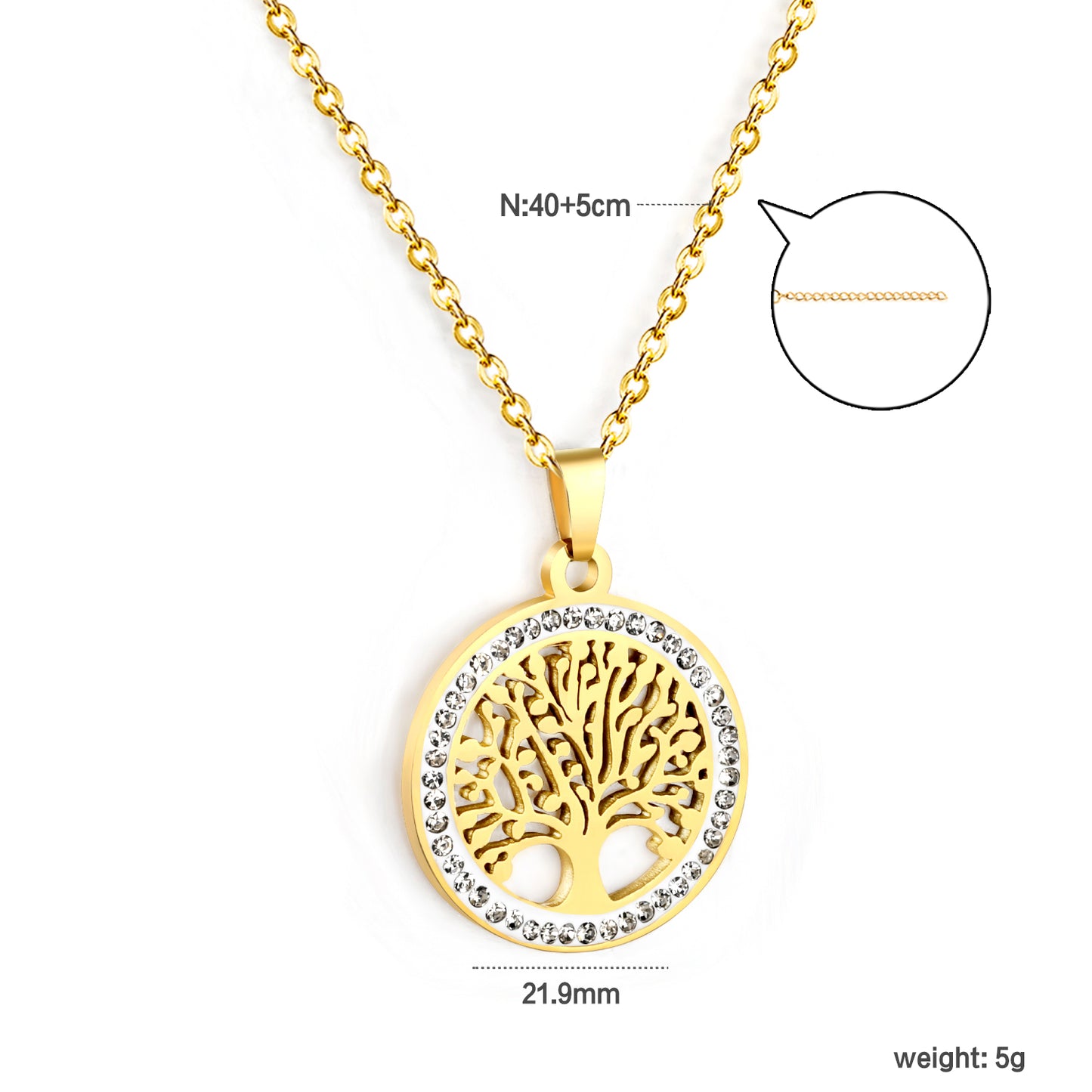 ✨ Wholesale Tree of Life Pendant Necklace - 21.9mm Hollow Circle w/ White Zircon | 40+5cm Stainless Steel Chain (5g)