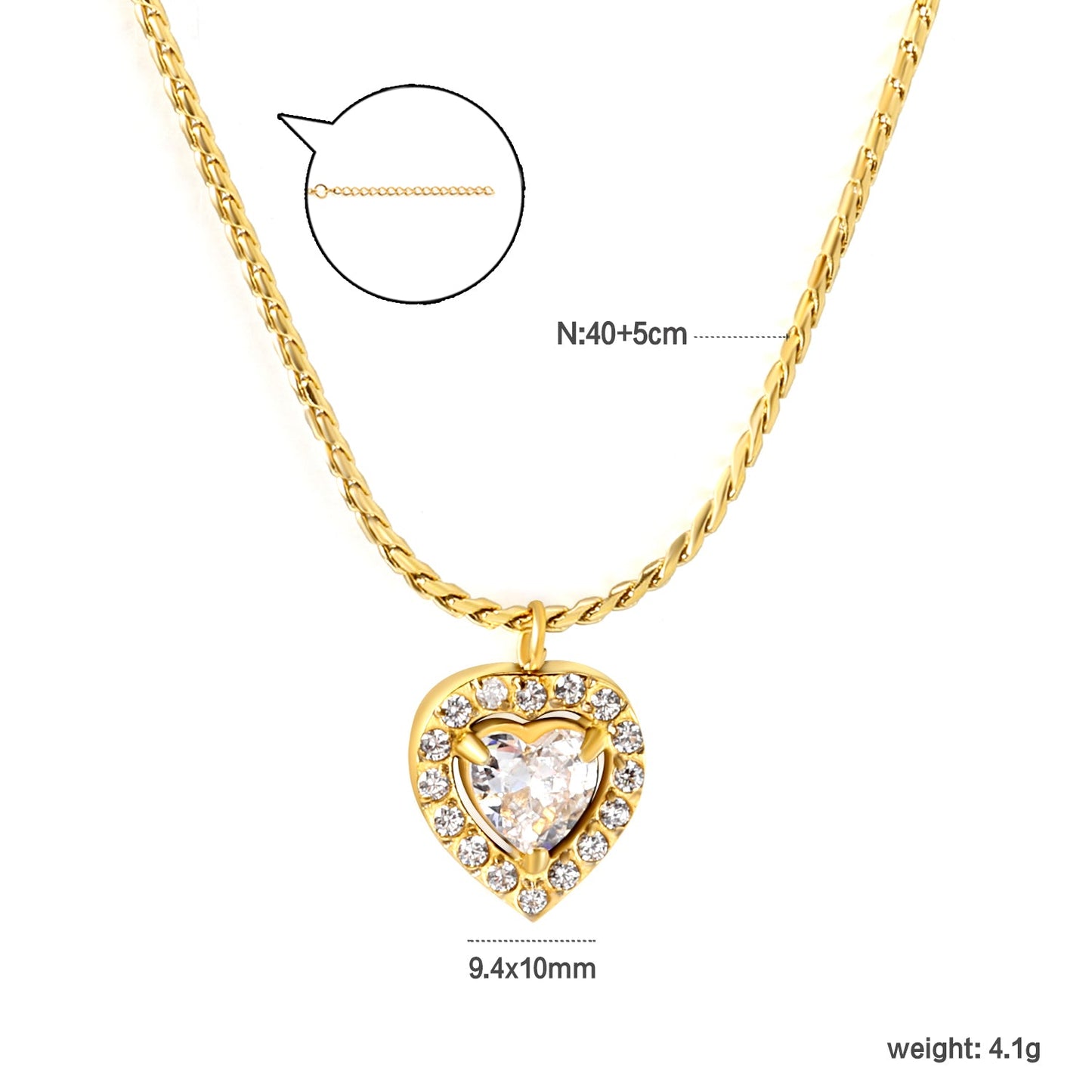 9.4*10mm Heart CNC White Zirconium Circle Pendant 40+5cm+6mm Necklace Golden
