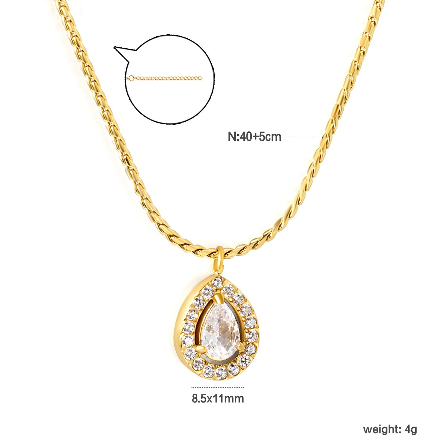 8.5*11mm teardrop CNC white zirconium circle pendant 40+5cm+6mm round plate necklace gold color