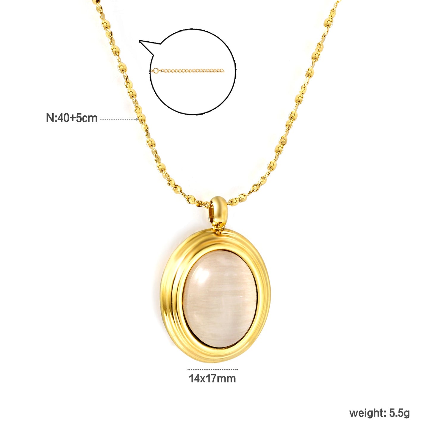 14*17mm oval with white/rose cat's eye/tiger's eye pendant 40+5cm+6mm round necklace gold color