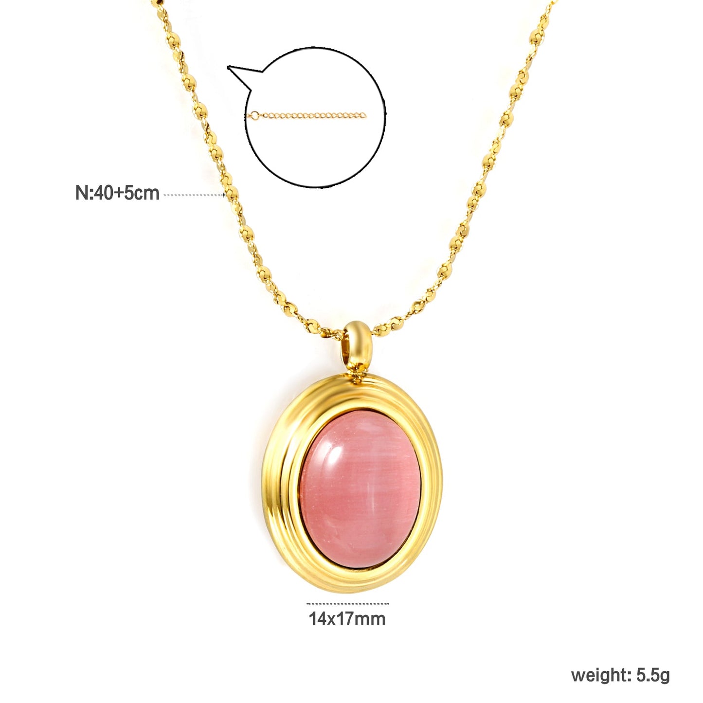 14*17mm oval with white/rose cat's eye/tiger's eye pendant 40+5cm+6mm round necklace gold color