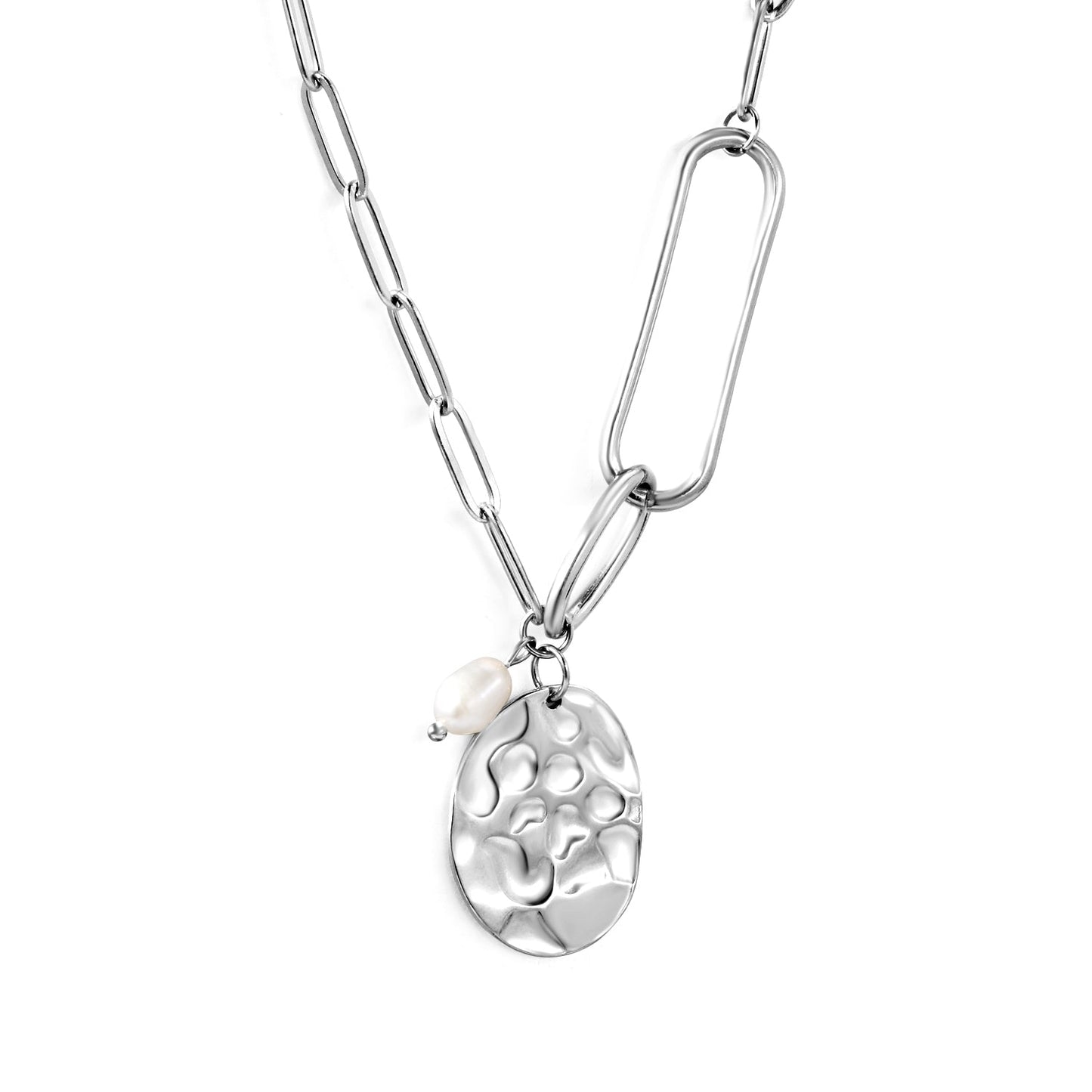 18.8*24.8mm Oval Plaque + 5.3*8mm Freshwater Pearl Pendant 45+5cm+6mm Round Plaque Necklace Steel/Golden