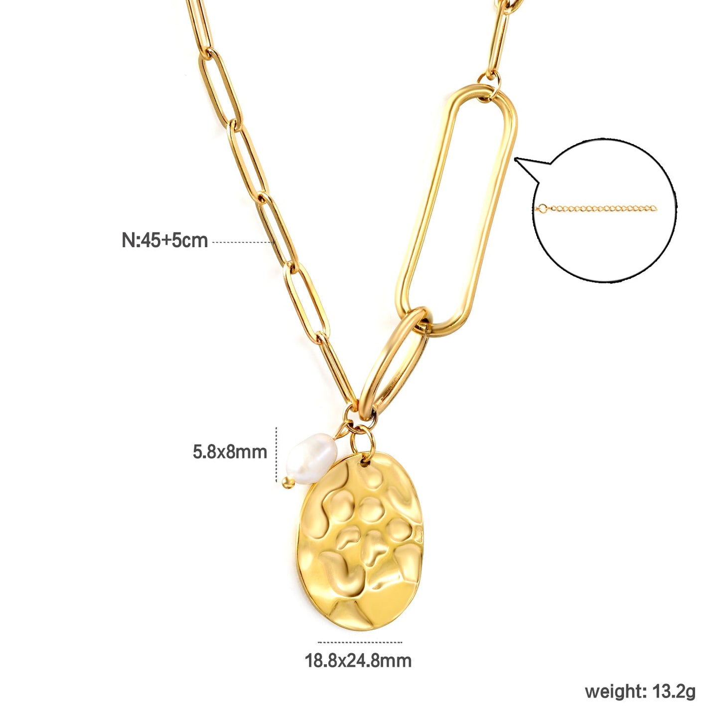 18.8*24.8mm Oval Plaque + 5.3*8mm Freshwater Pearl Pendant 45+5cm+6mm Round Plaque Necklace Steel/Golden