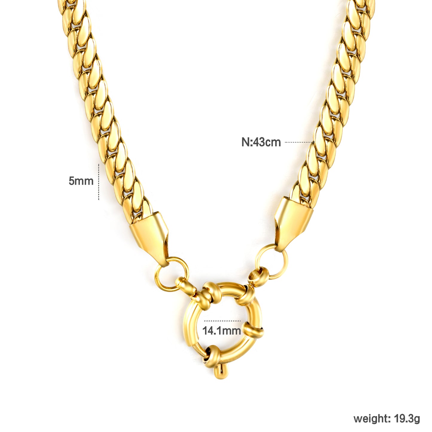 Wholesale 5.0mm Gold Dragon Chain Necklace | 43cm Stainless Steel Rope Chain | 14.1mm Round Lobster Clasp | Bulk Men's & Women's Jewelry