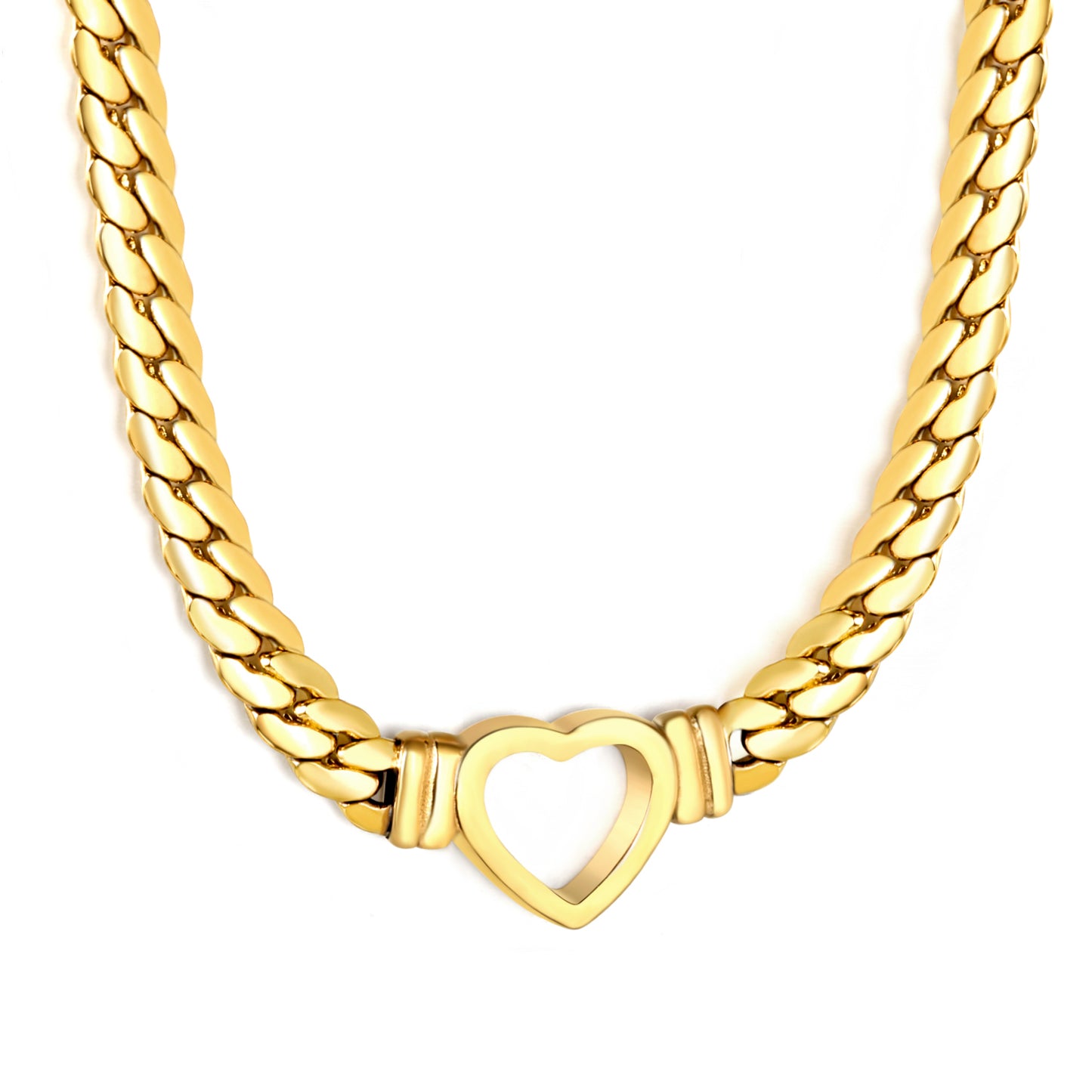 Stainless Steel Gold Hollow Heart Jewelry - 16.2*15mm Heart Pendant, 6mm Dragon Chain, 40+5cm Necklace with 6mm Disk