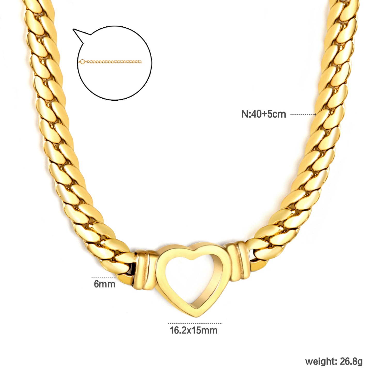 Stainless Steel Gold Hollow Heart Jewelry - 16.2*15mm Heart Pendant, 6mm Dragon Chain, 40+5cm Necklace with 6mm Disk