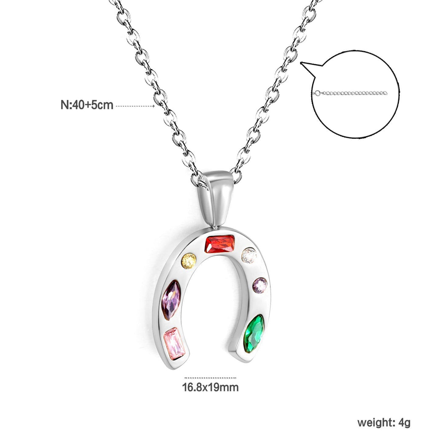 16.8*19mm Horseshoe with Mixed Color Zirconium Pendant 40+5cm+6mm Round Necklace Steel/Golden