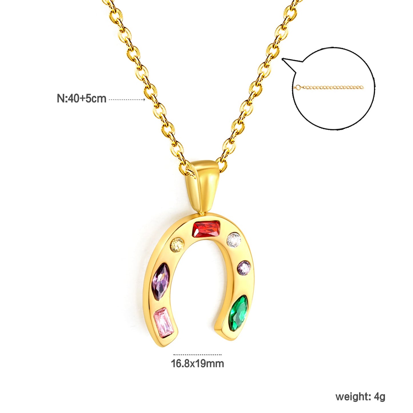 16.8*19mm Horseshoe with Mixed Color Zirconium Pendant 40+5cm+6mm Round Necklace Steel/Golden