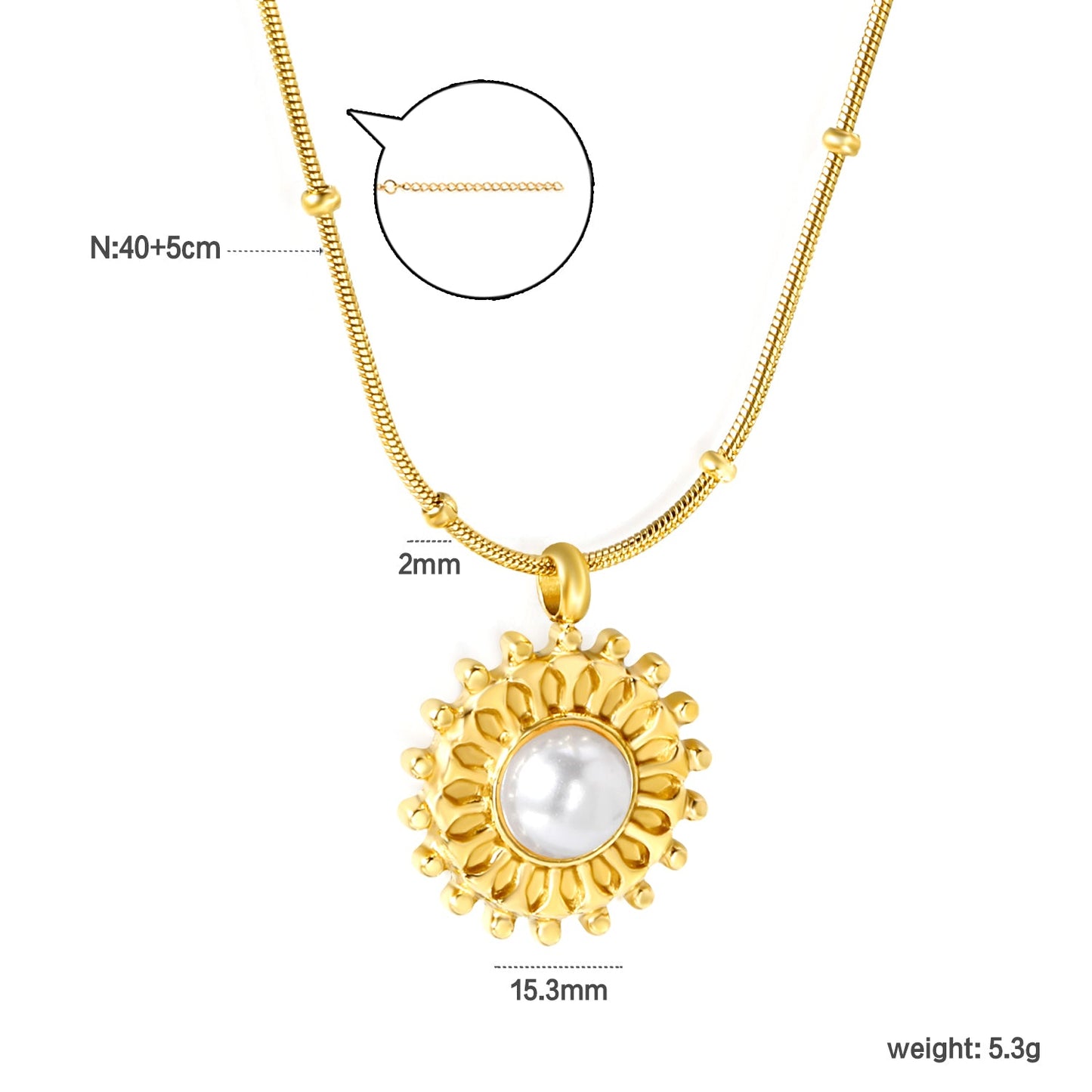 15.3mm round grain face with imitation white pearl/blue turquoise/tiger eye pendant 0.9+2mm round snake bead necklace 40+5cm+6mm round plaque necklace gold color