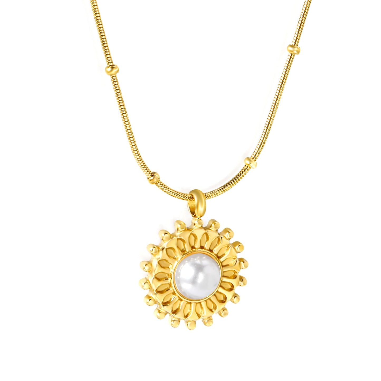 15.3mm round grain face with imitation white pearl/blue turquoise/tiger eye pendant 0.9+2mm round snake bead necklace 40+5cm+6mm round plaque necklace gold color