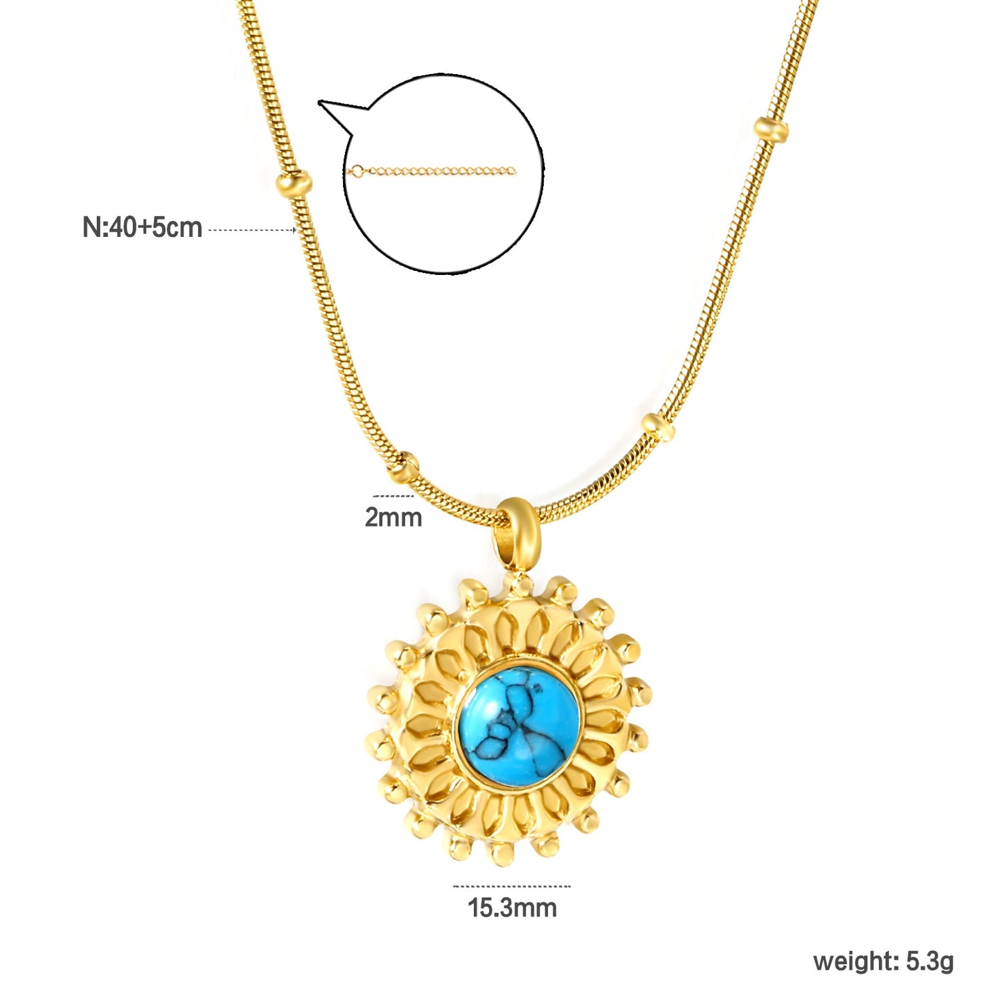 15.3mm round grain face with imitation white pearl/blue turquoise/tiger eye pendant 0.9+2mm round snake bead necklace 40+5cm+6mm round plaque necklace gold color